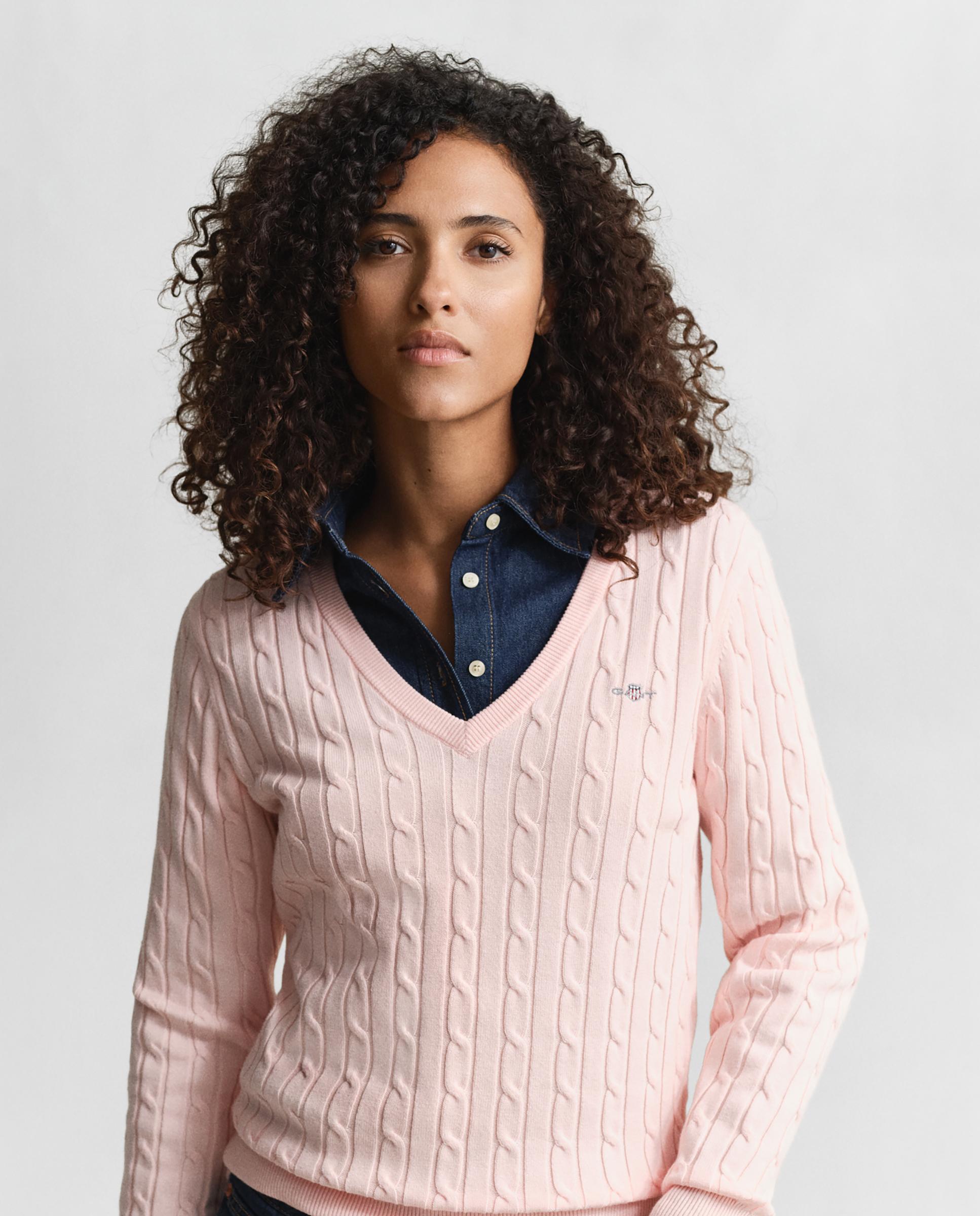 Jersey de mujer de cuello de pico en punto de ochos - Gant - Rosa Rosa-3