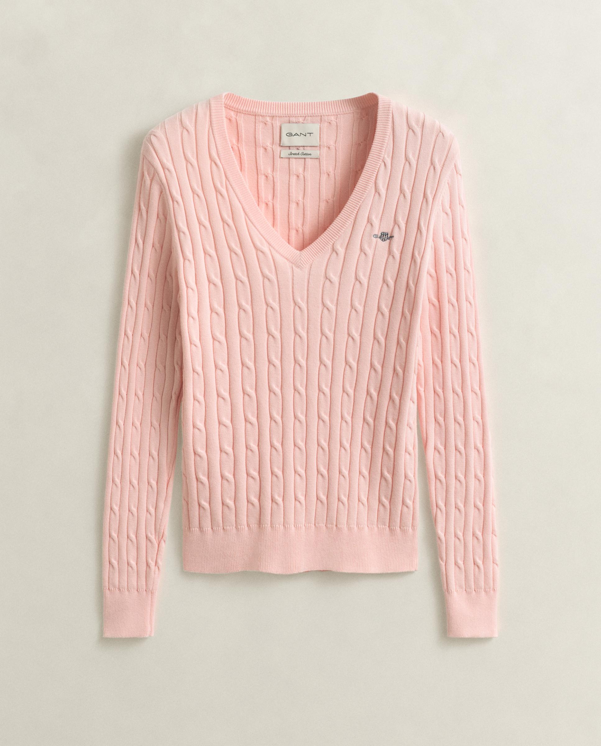 Jersey de mujer de cuello de pico en punto de ochos - Gant - Rosa Rosa-5