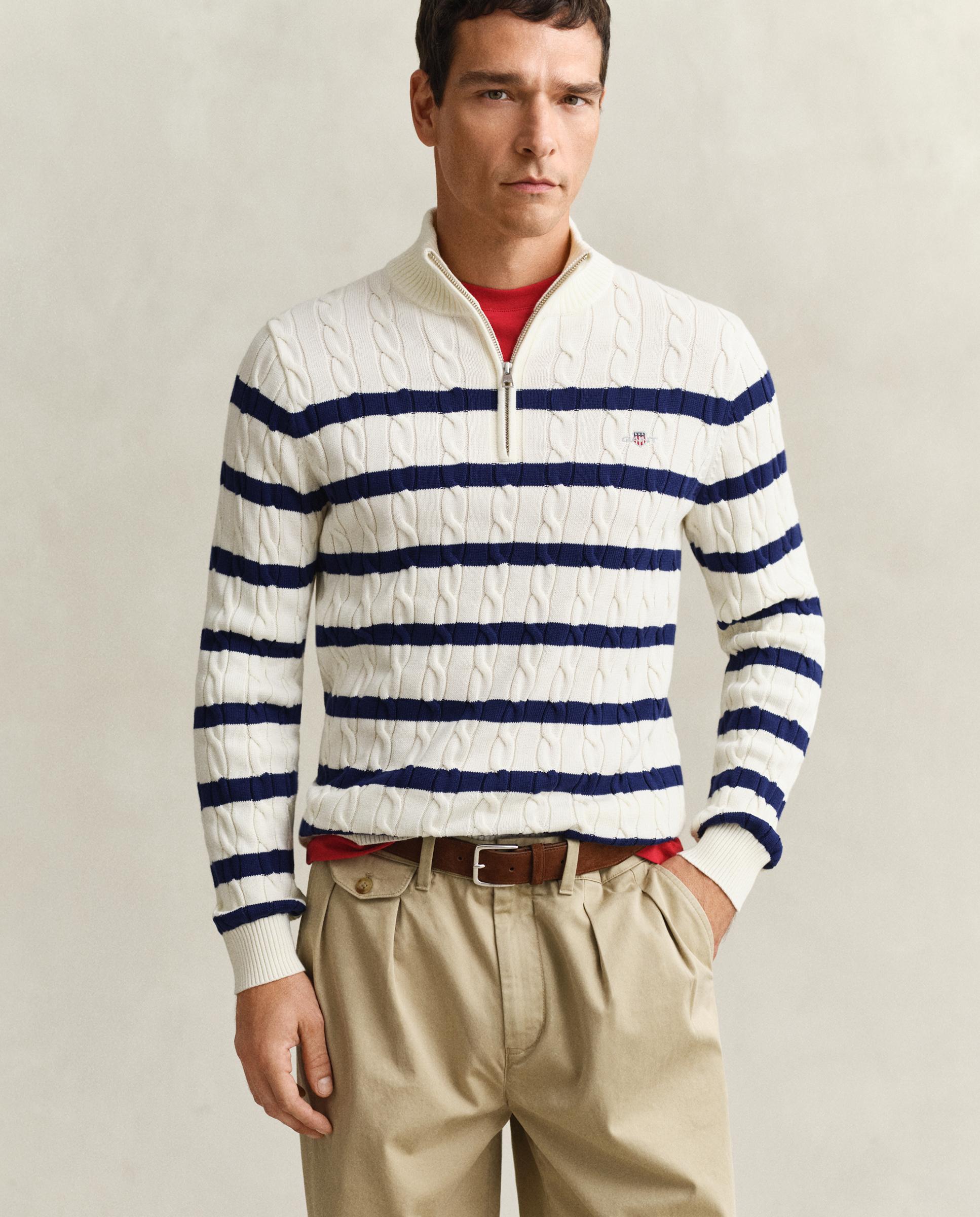 Gant - Jersey de hombre de punto de ochos en algodón de rayas con media cremallera.