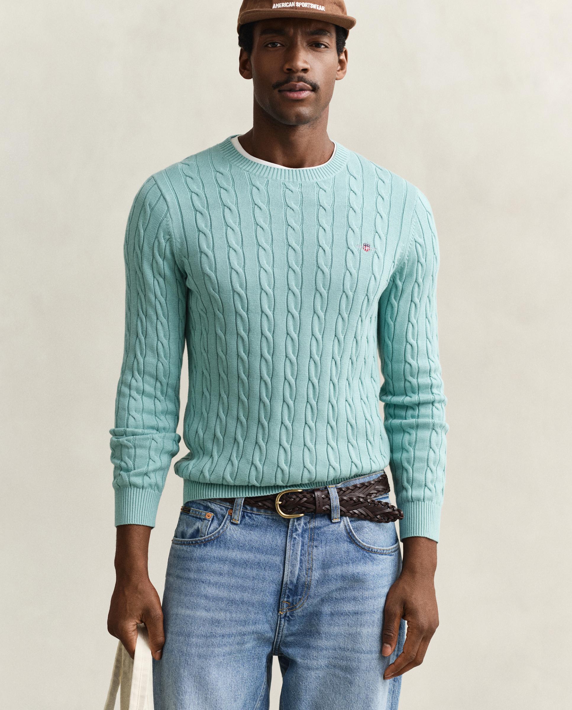 Imagen 0 de Jersey de hombre de cuello redondo y punto de ochos en algodón Verde azulado