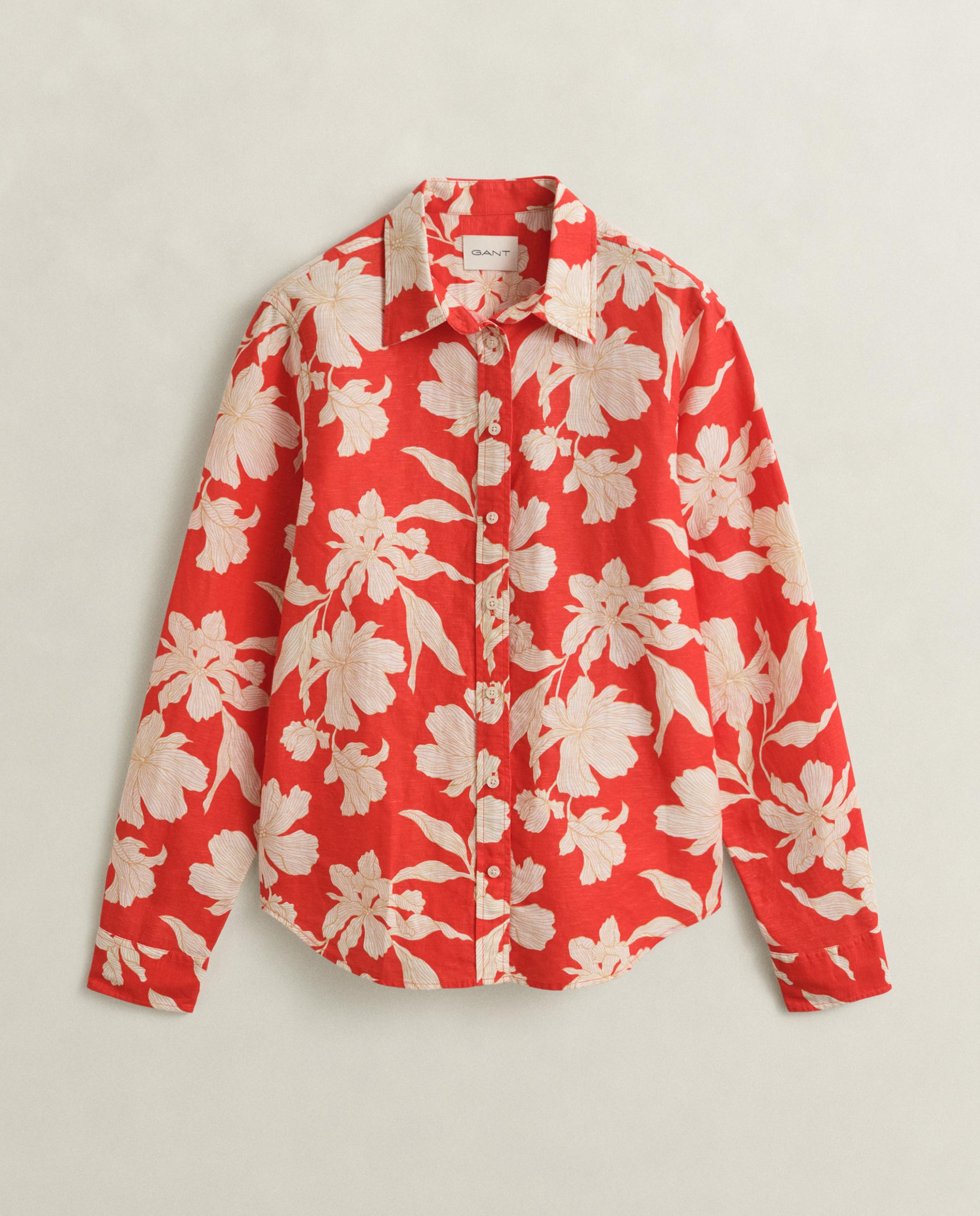 Imagen 0 de Camisa de mujer de lino de flores Rojo