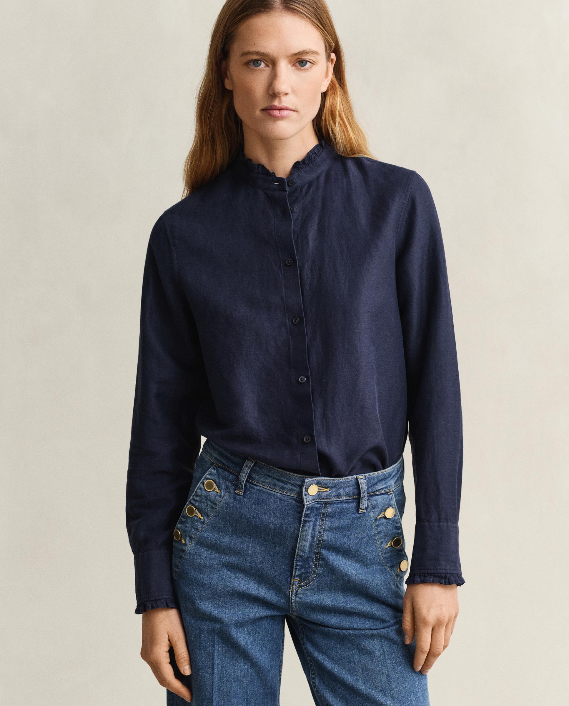 Imagen 0 de Blusa de mujer en mezcla de lino con volantes Azul