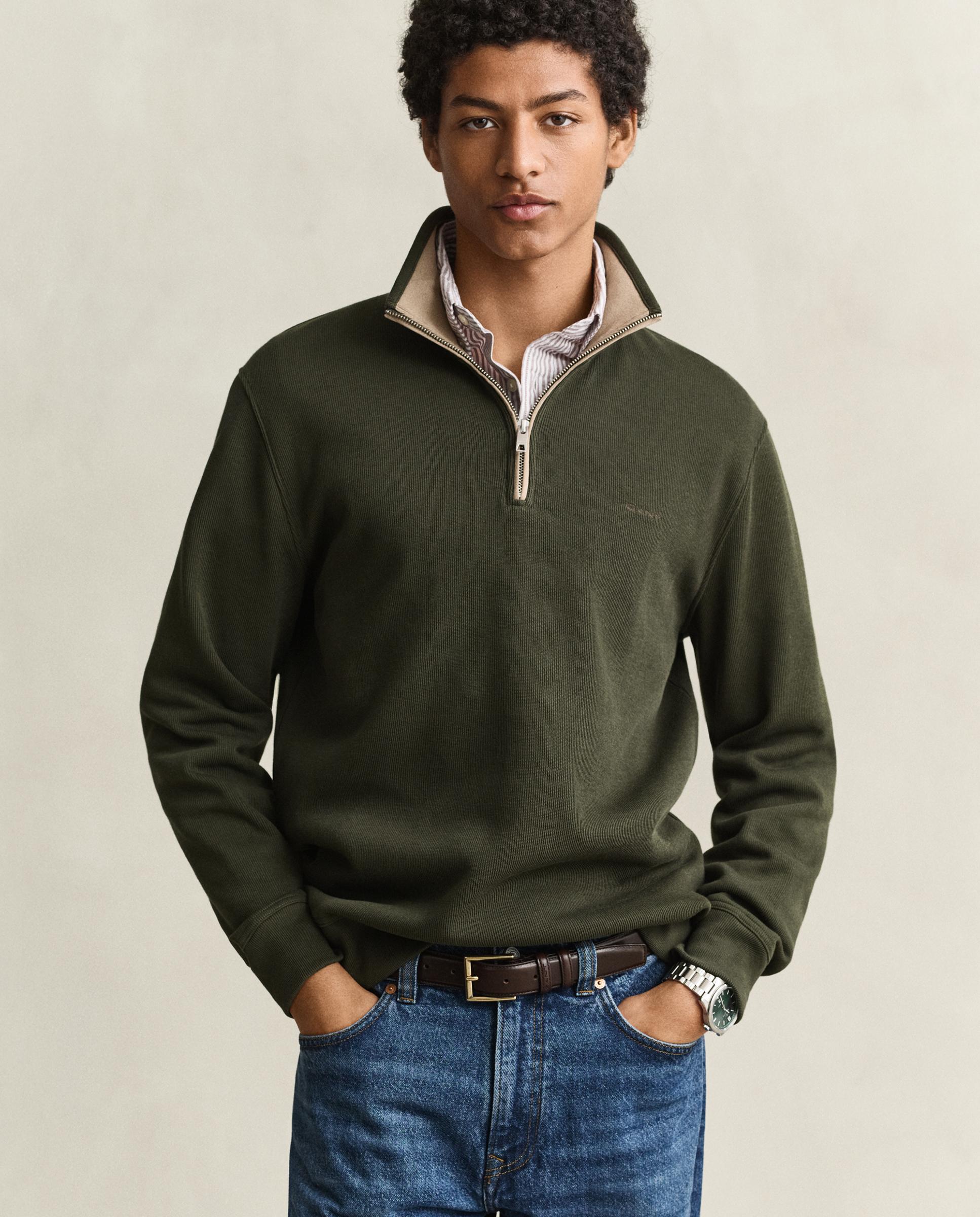 Sudadera de cremallera de hombre en algodón con cuello alto - Gant - Verde oscuro Verde oscuro-1