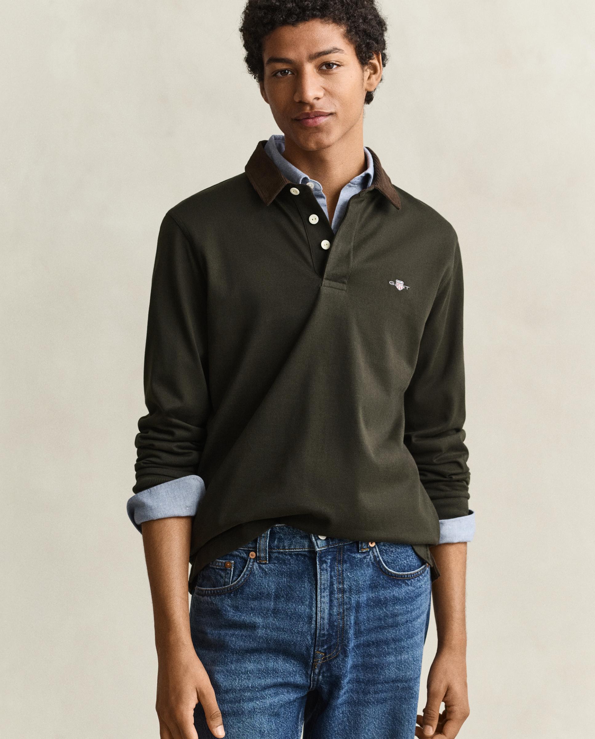 Polo de manga larga de hombre con insignia en pecho y cuello a contraste - Gant - Verde oscuro Verde oscuro-1