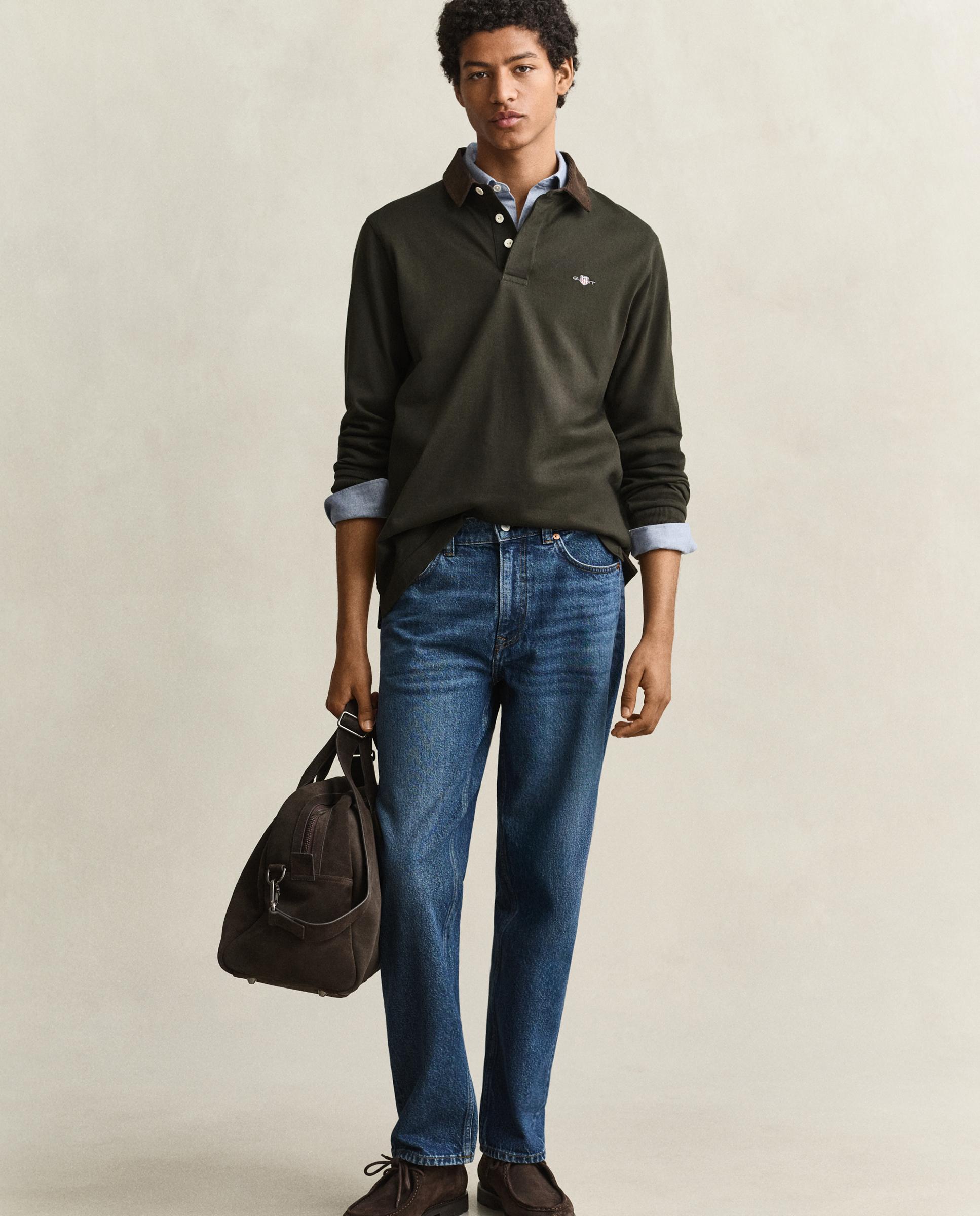 Polo de manga larga de hombre con insignia en pecho y cuello a contraste - Gant - Verde oscuro Verde oscuro-5