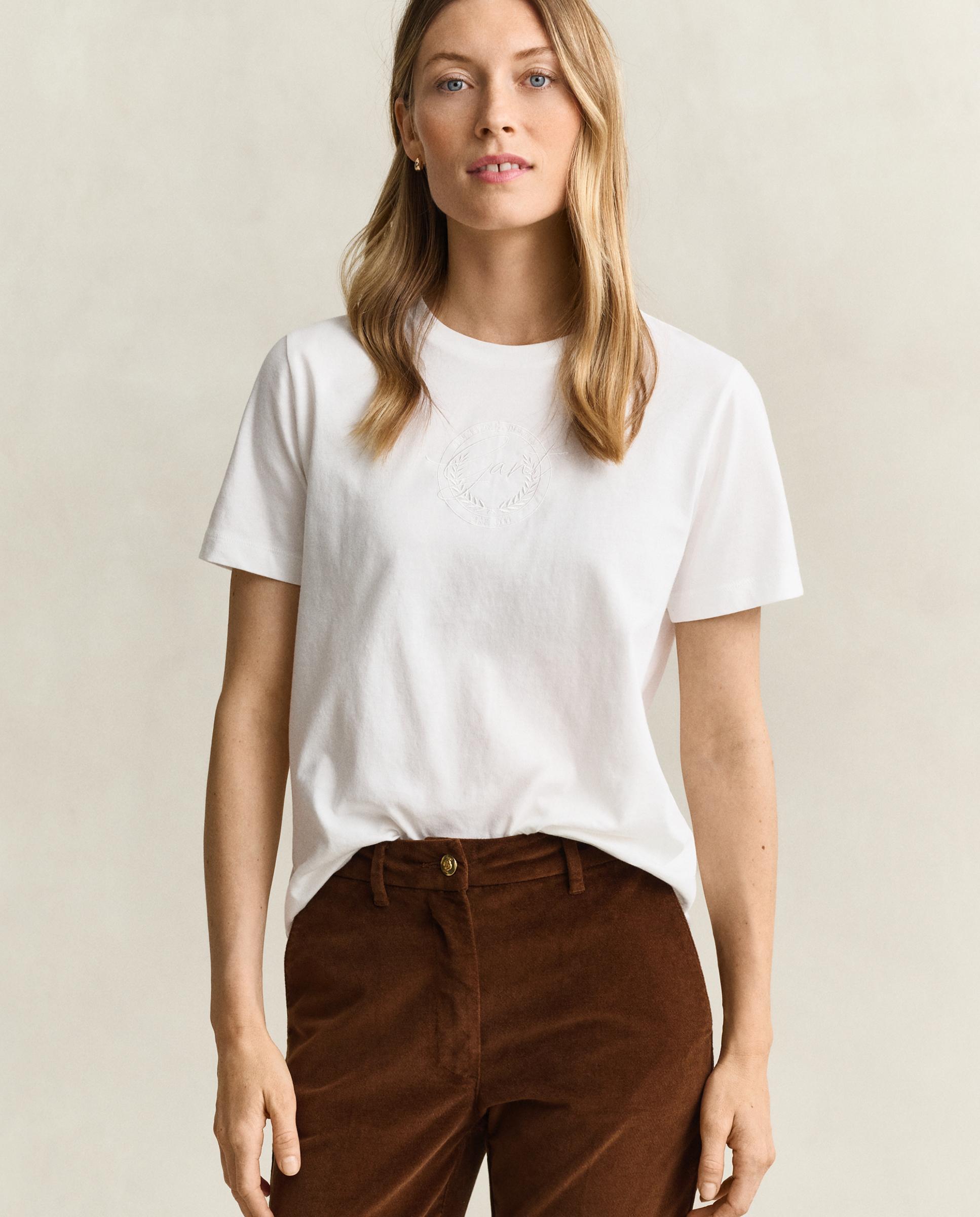 Camiseta de mujer de manga corta y bordado a tono en pecho - Gant - Blanco Blanco-1