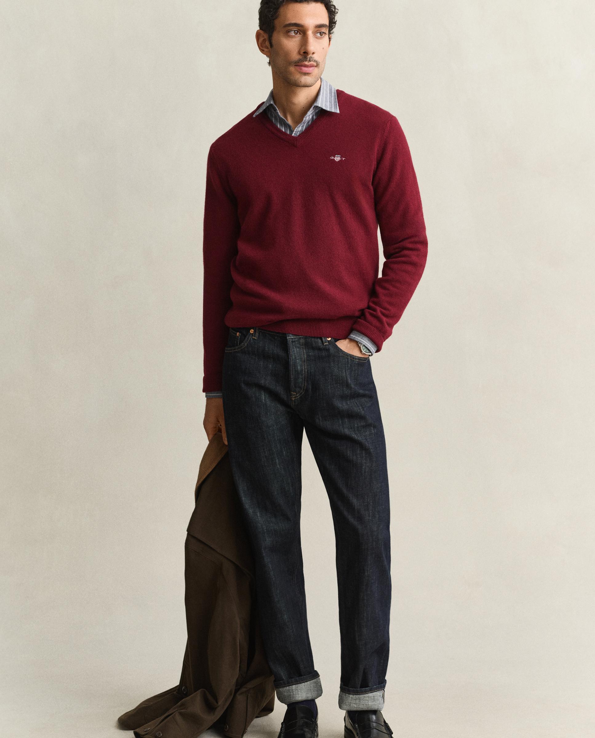 Jersey de hombre en lana con cuello de pico - Gant - Rojo Rojo-3