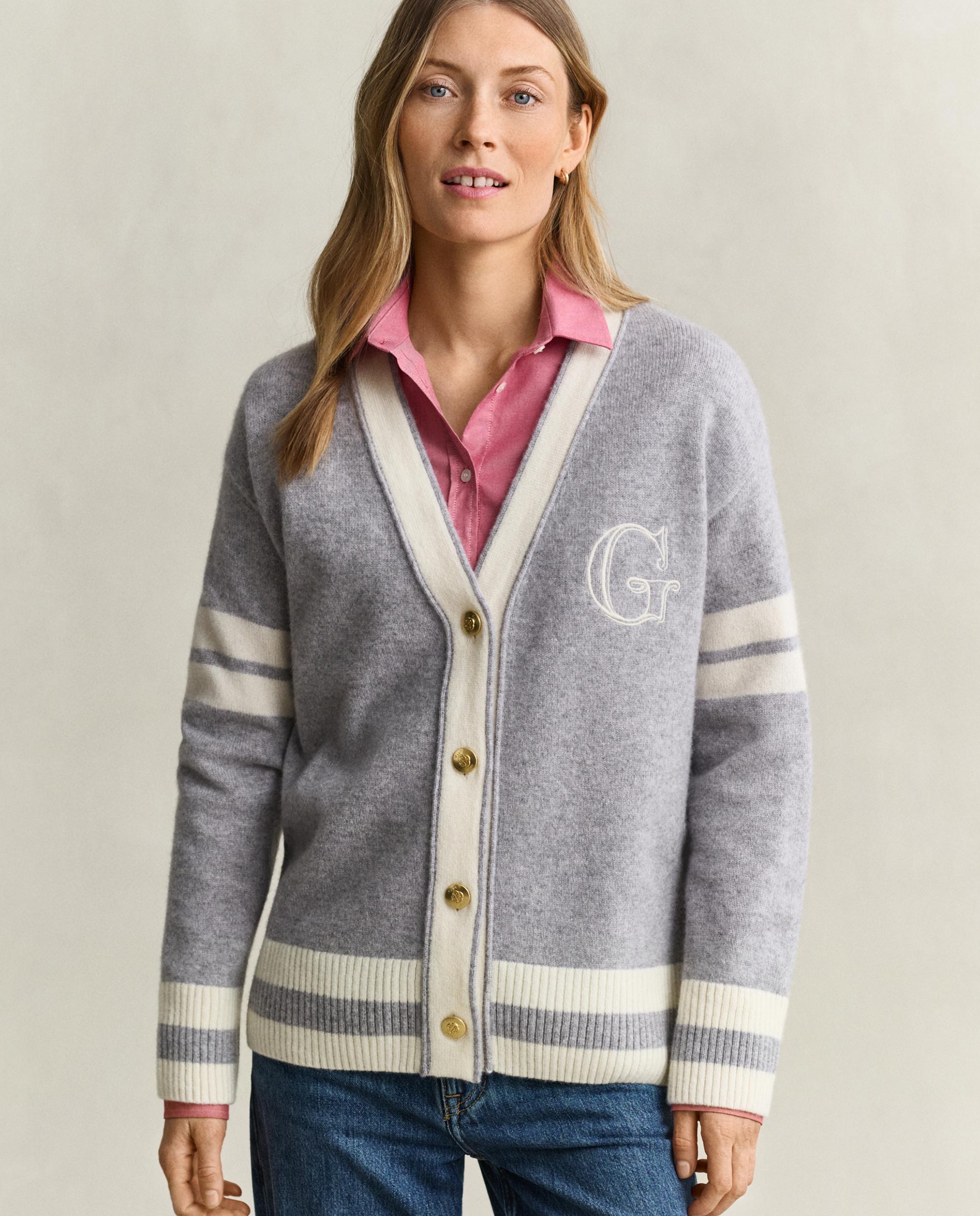 Cárdigan de mujer cuello en pico con logo en pecho - Gant - Gris Gris-1