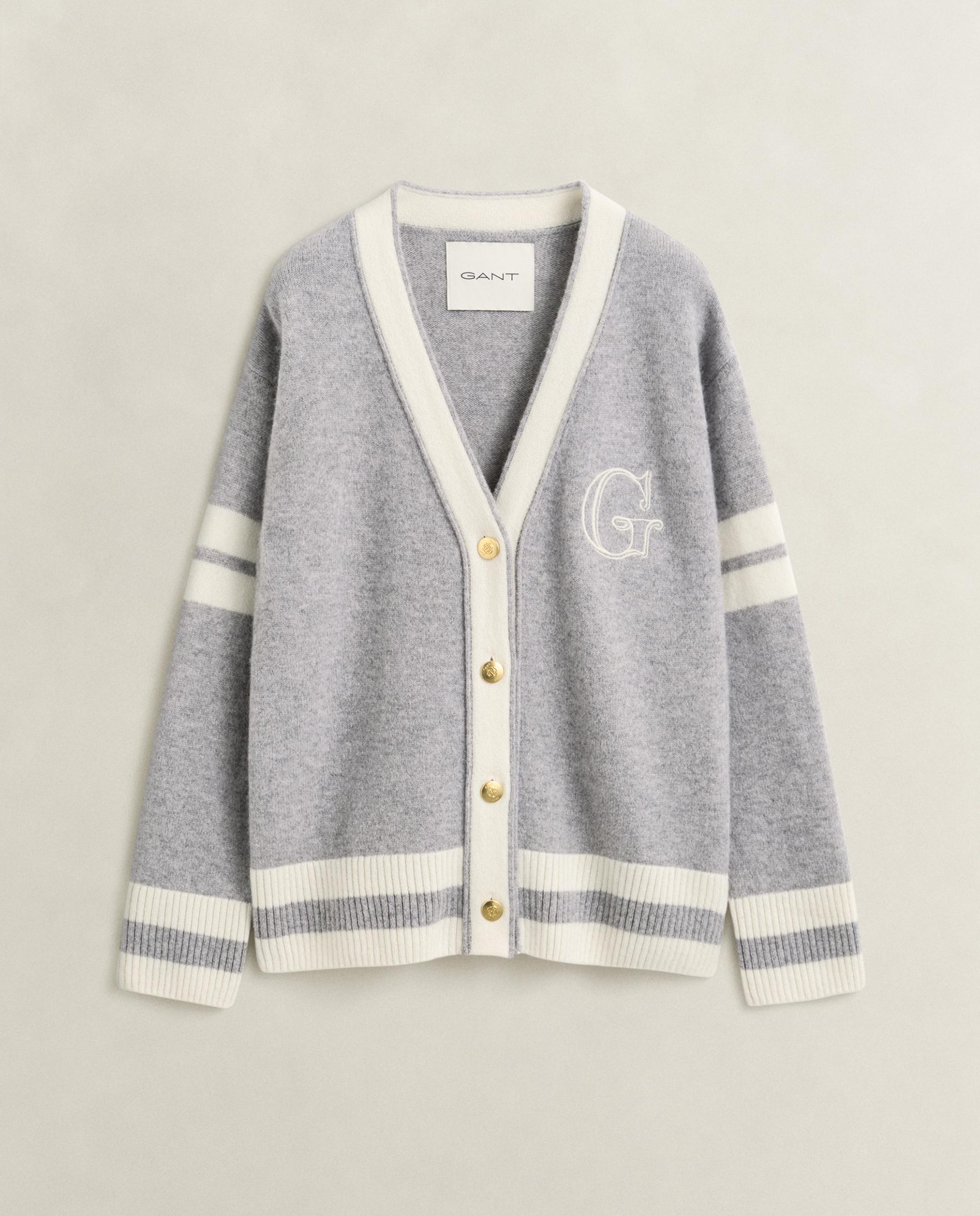 Cárdigan de mujer cuello en pico con logo en pecho - Gant - Gris Gris-4