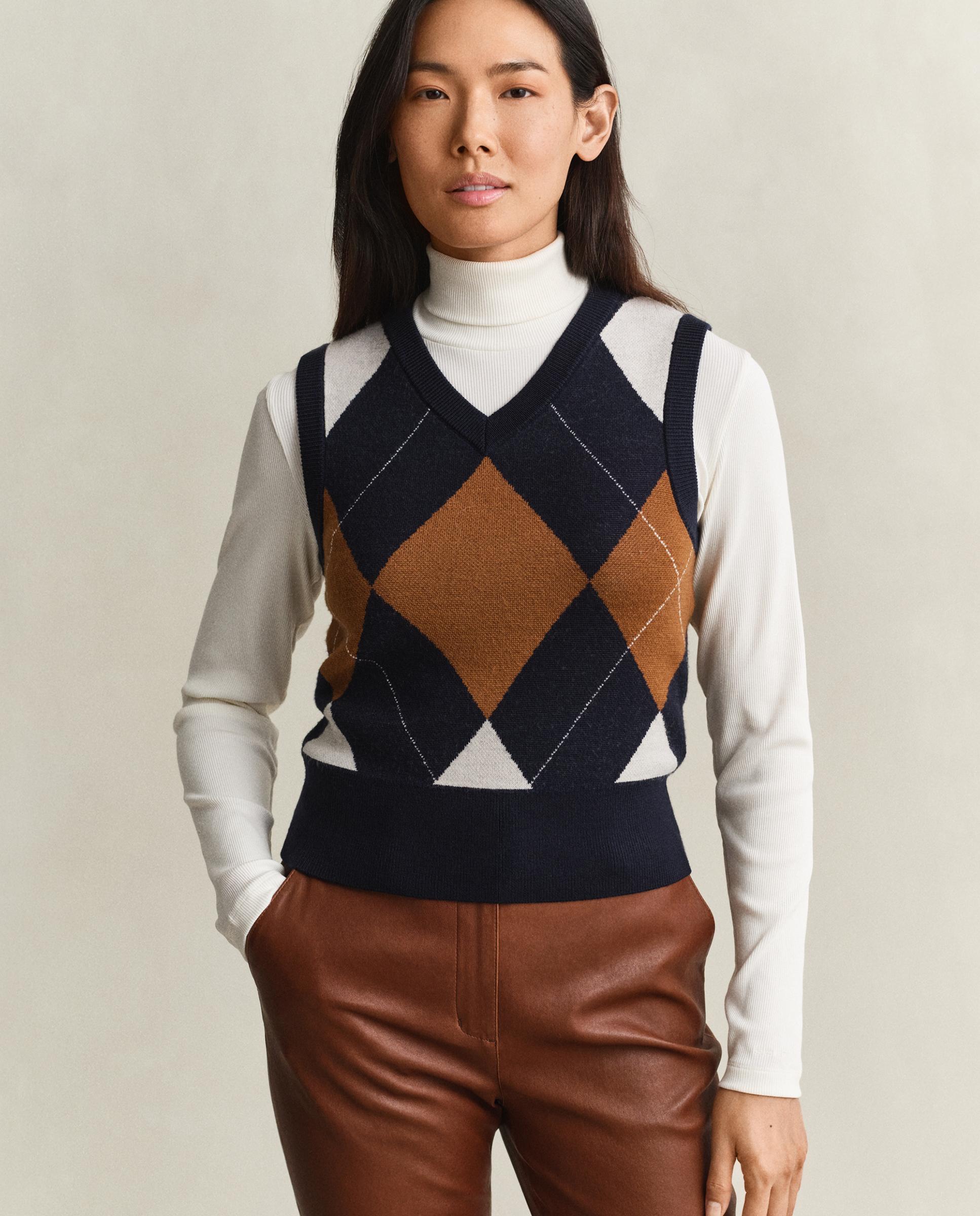 Imagen 0 de Chaleco de punto de mujer con cuello en pico y rombos Roble / Blanco / Azul