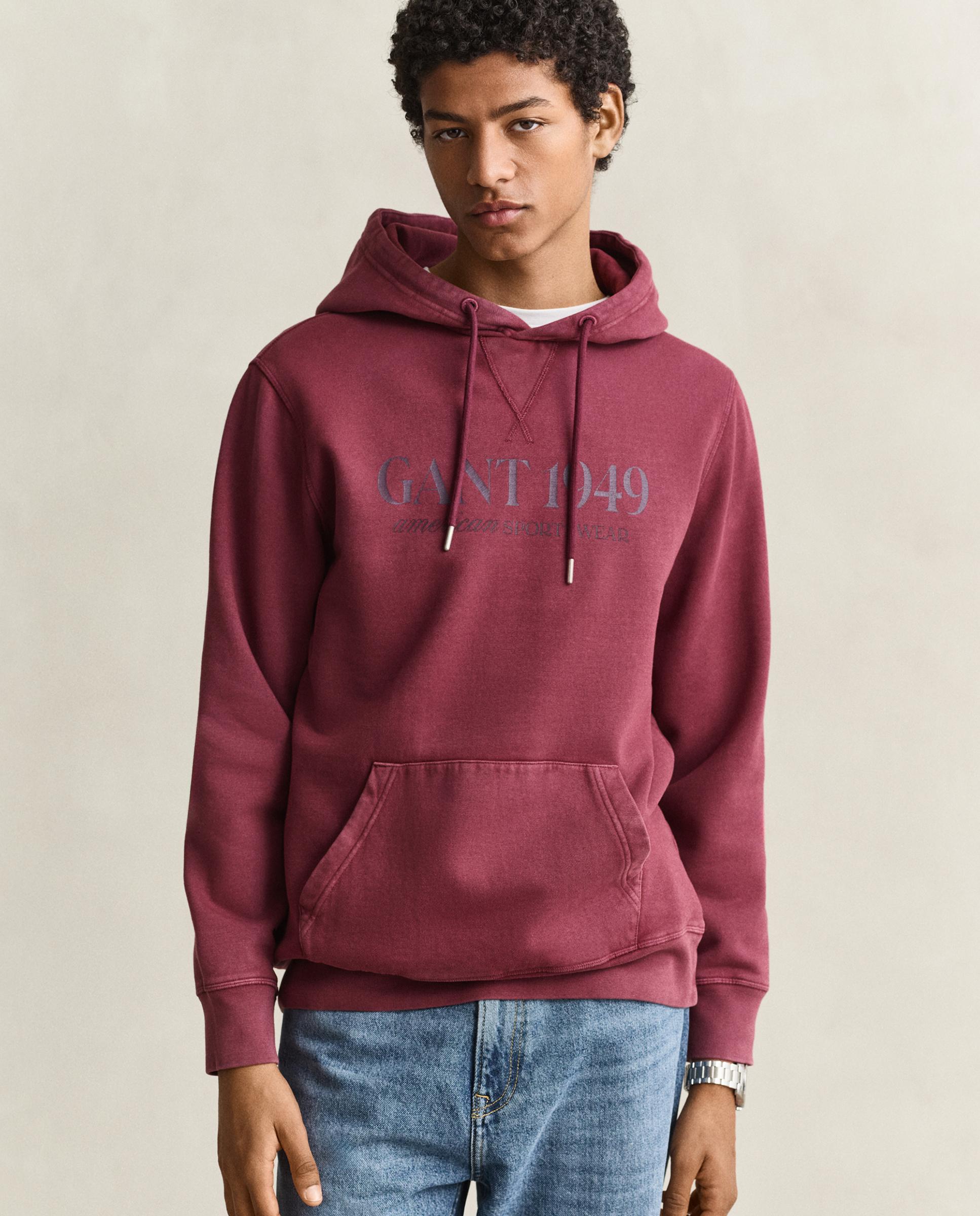 Imagen 0 de Sudadera con capucha de hombre con bolsillo de canguro y print frontal Granate