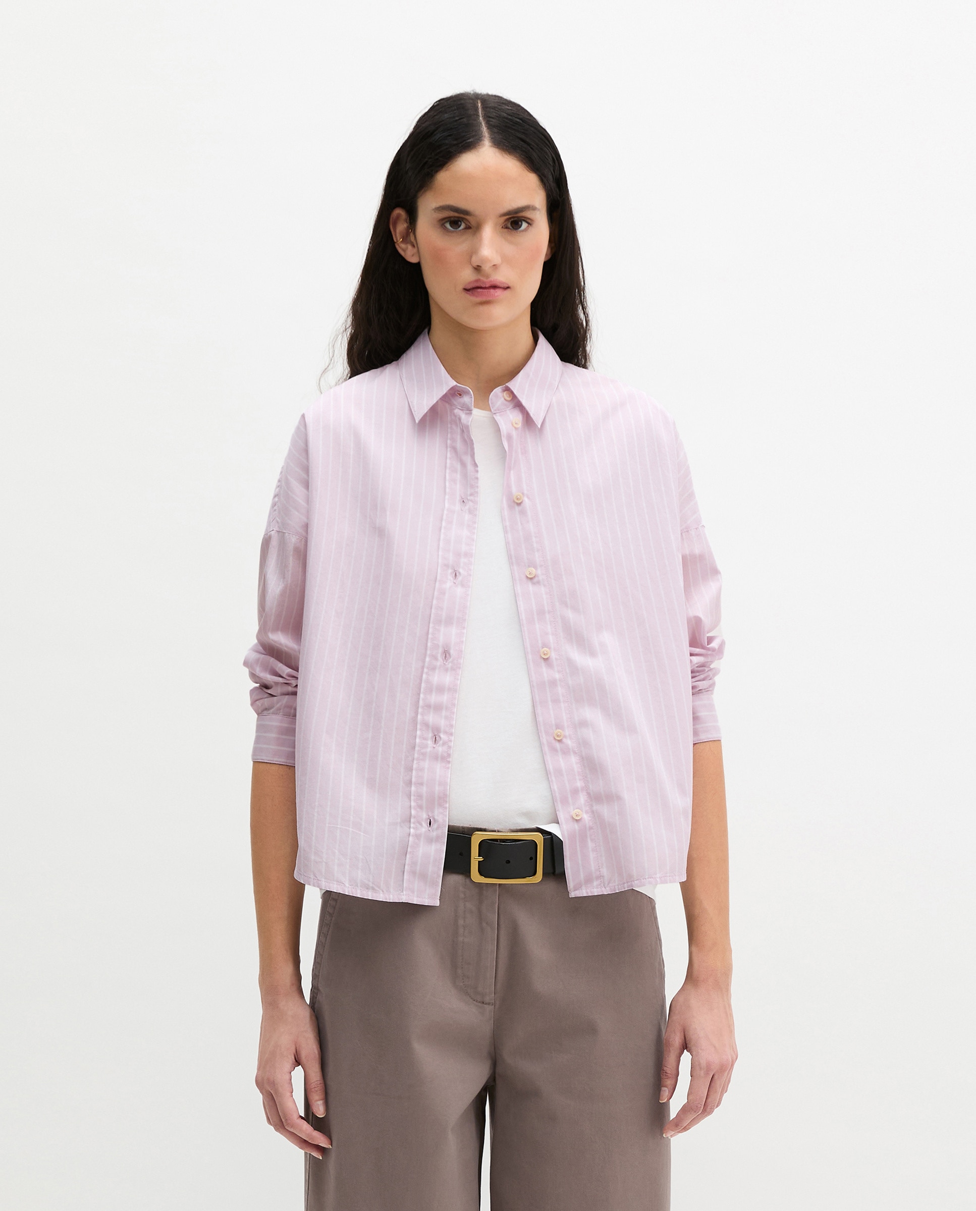 Imagen 0 de Blusa de mujer de rayas suelta de algodón chambray Rosa