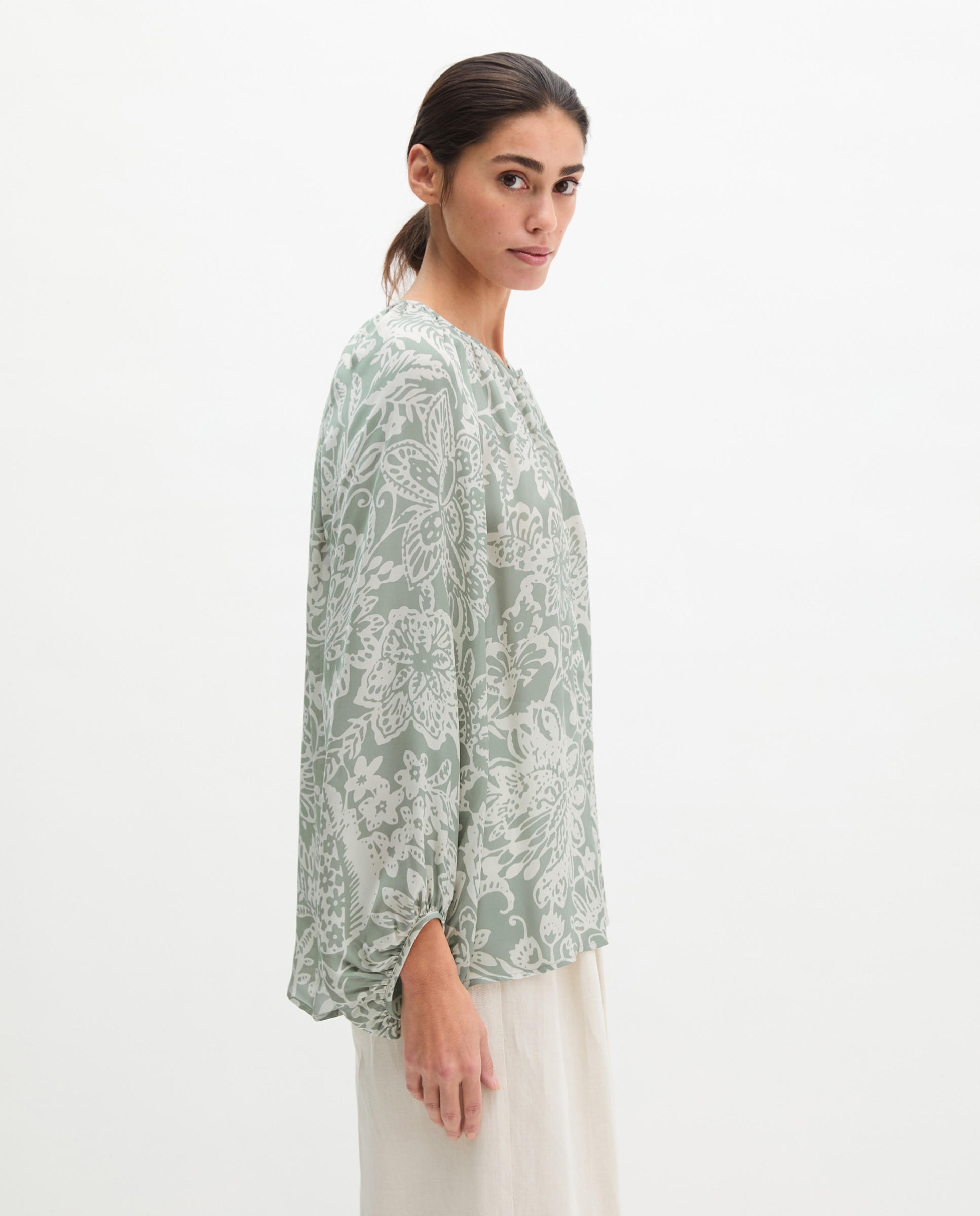 Blusa de mujer estampada suelta de sarga ligera de viscosa - MARC  O'POLO - Verde claro Verde claro-5
