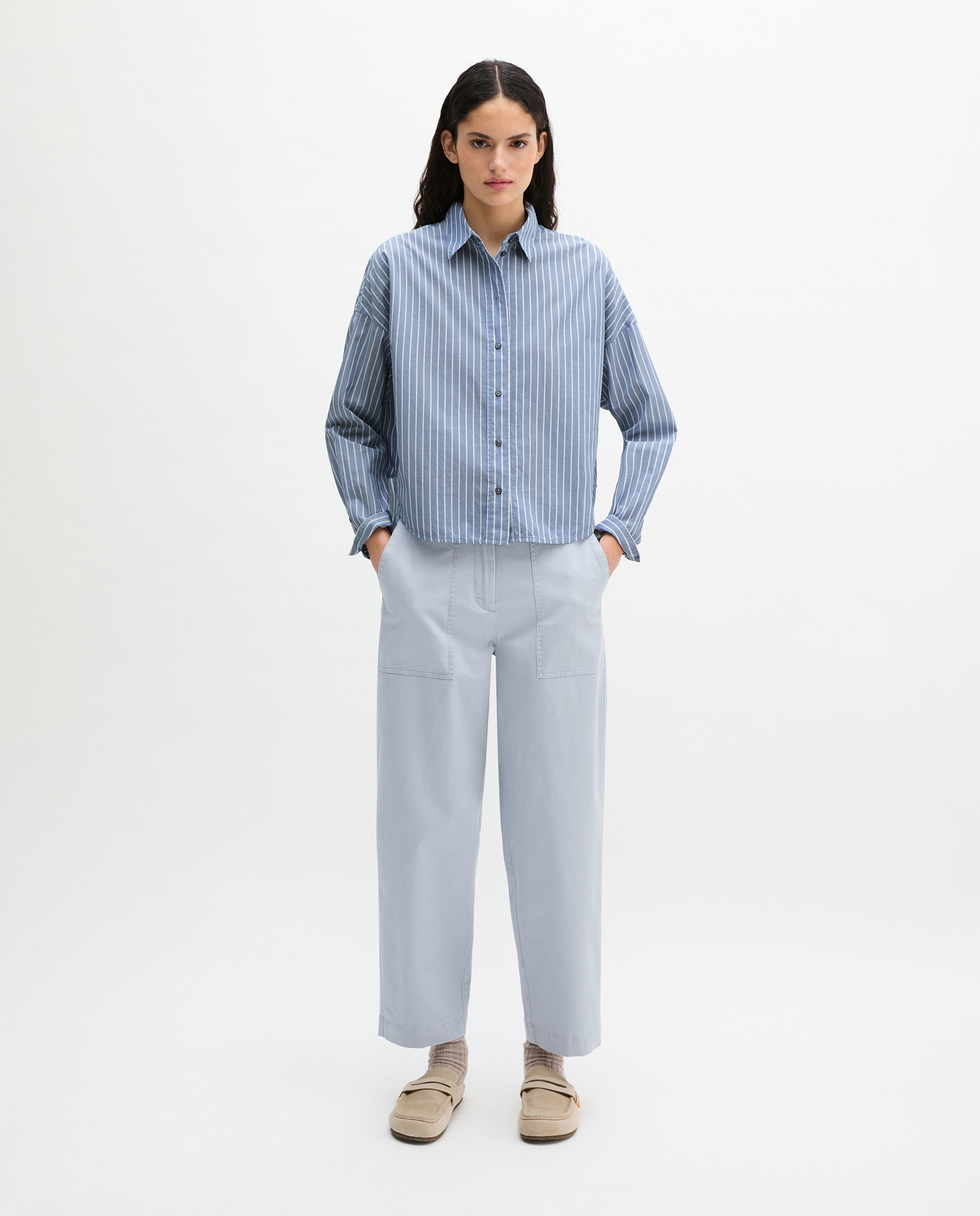 Imagen 0 de Blusa de mujer de rayas suelta de algodón chambray Azul denim