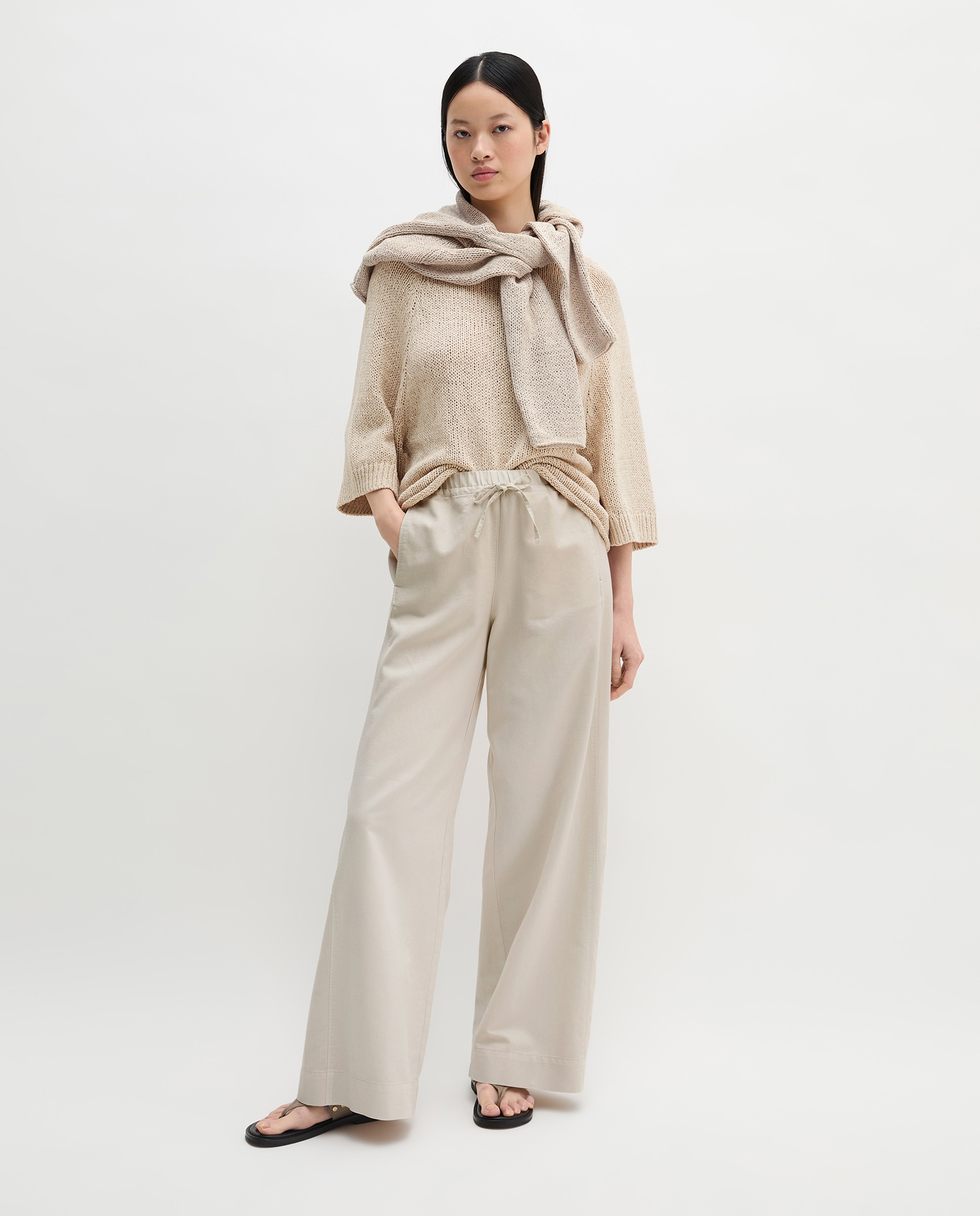 Imagen 0 de Pantalones de mujer anchos confeccionado en mezcla de algodón orgánico-TENCEL™ lyocell-linen Beige