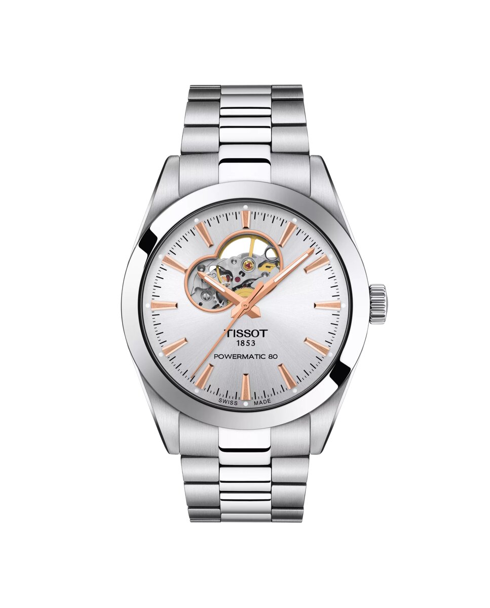 Reloj de hombre tissot gentleman open heart automático de acero y esfera plata