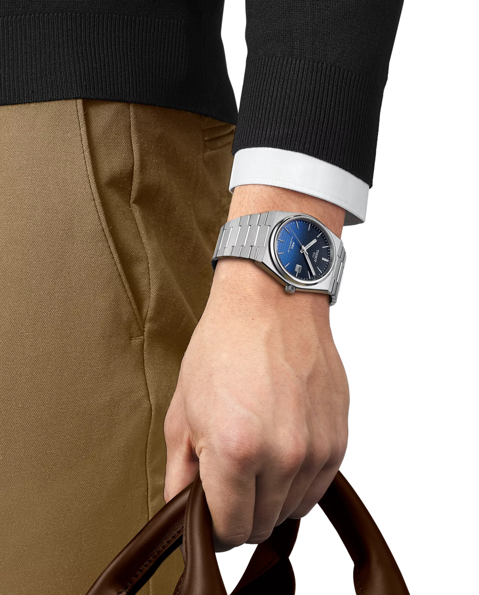 Reloj de hombre PRX automático de acero esfera color degradado negro camaleónico Plata-3