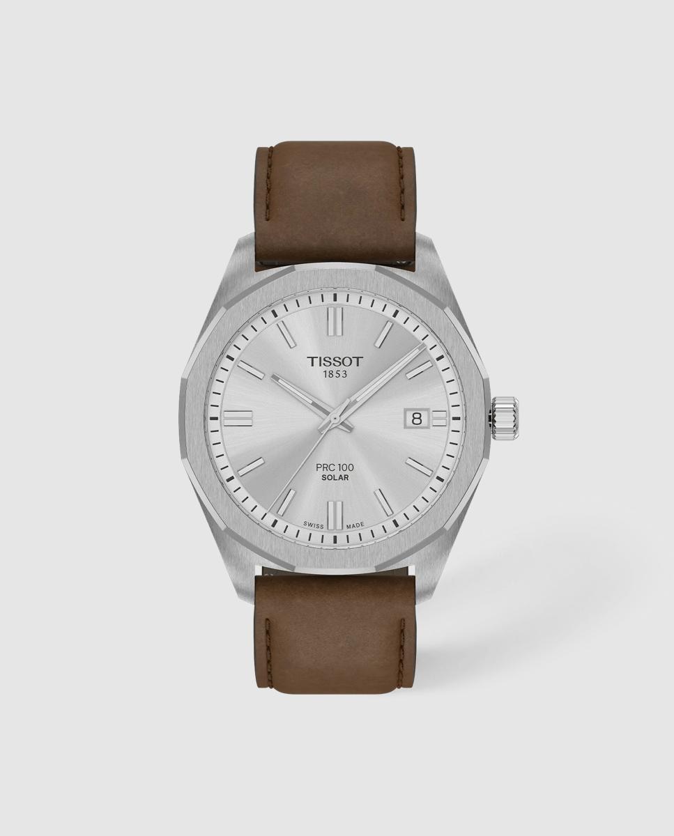 Imagen 0 de Reloj de hombre tissot prc100 solar de cuero y esfera plateada Marrón