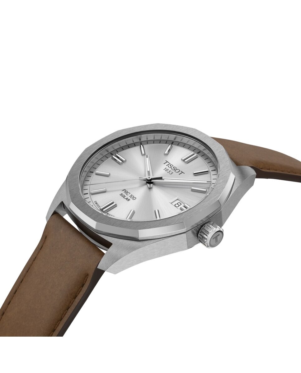 Reloj de hombre tissot prc100 solar de cuero y esfera plateada - Marrón Marrón-3