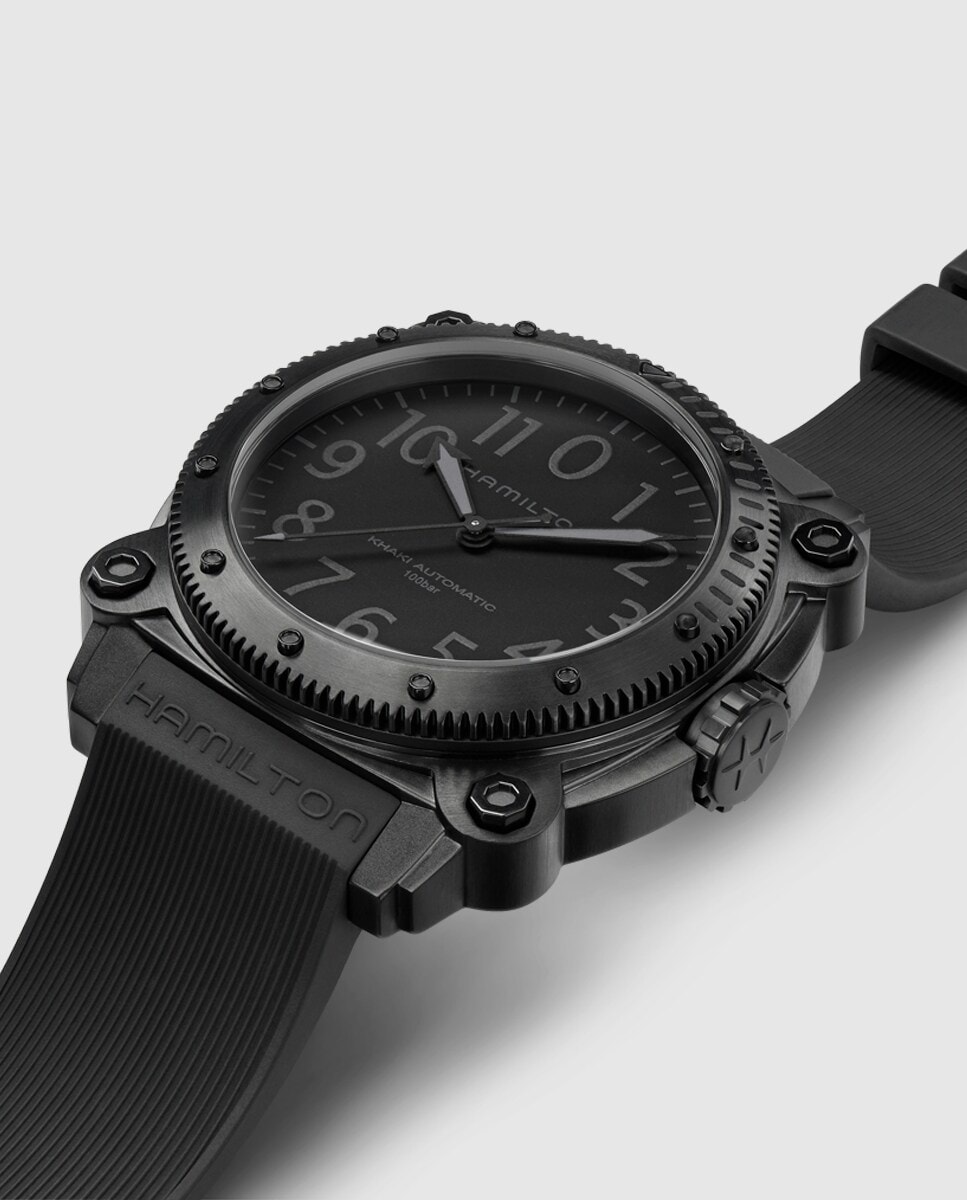 Reloj de hombre automático Khaki Navy Belowzero de 46 mm de titanio con correa de caucho Negro-3