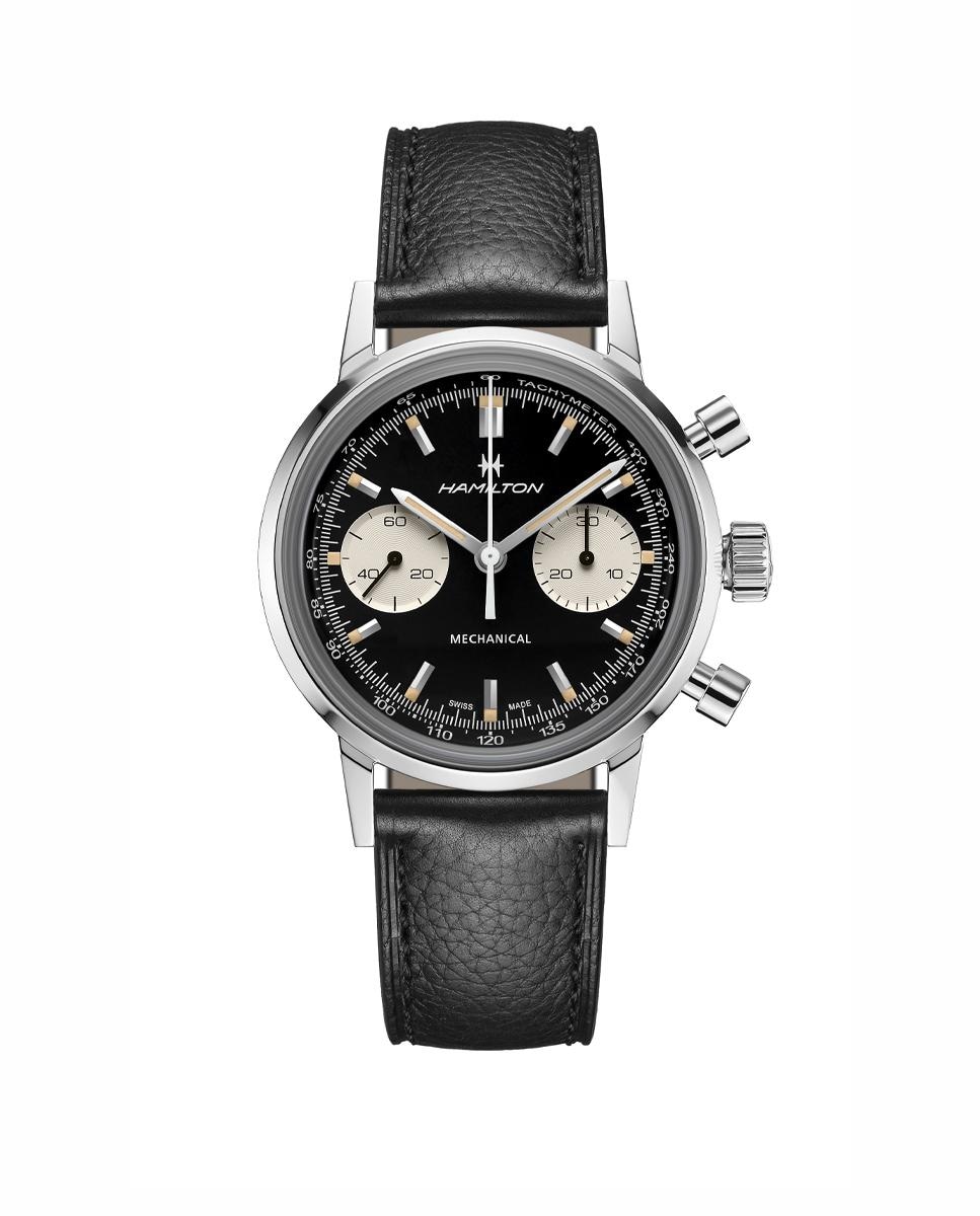 Reloj de hombre mecánico American Classic Intra-Matic H38429730 con cronógrafo y correa de piel Negro-1