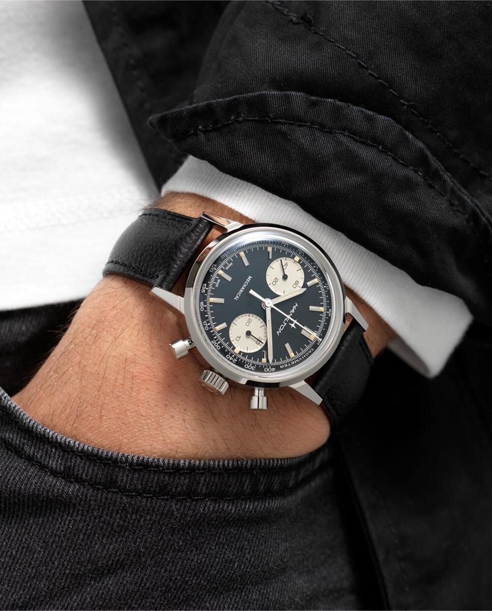 Reloj de hombre mecánico American Classic Intra-Matic H38429730 con cronógrafo y correa de piel Negro-4