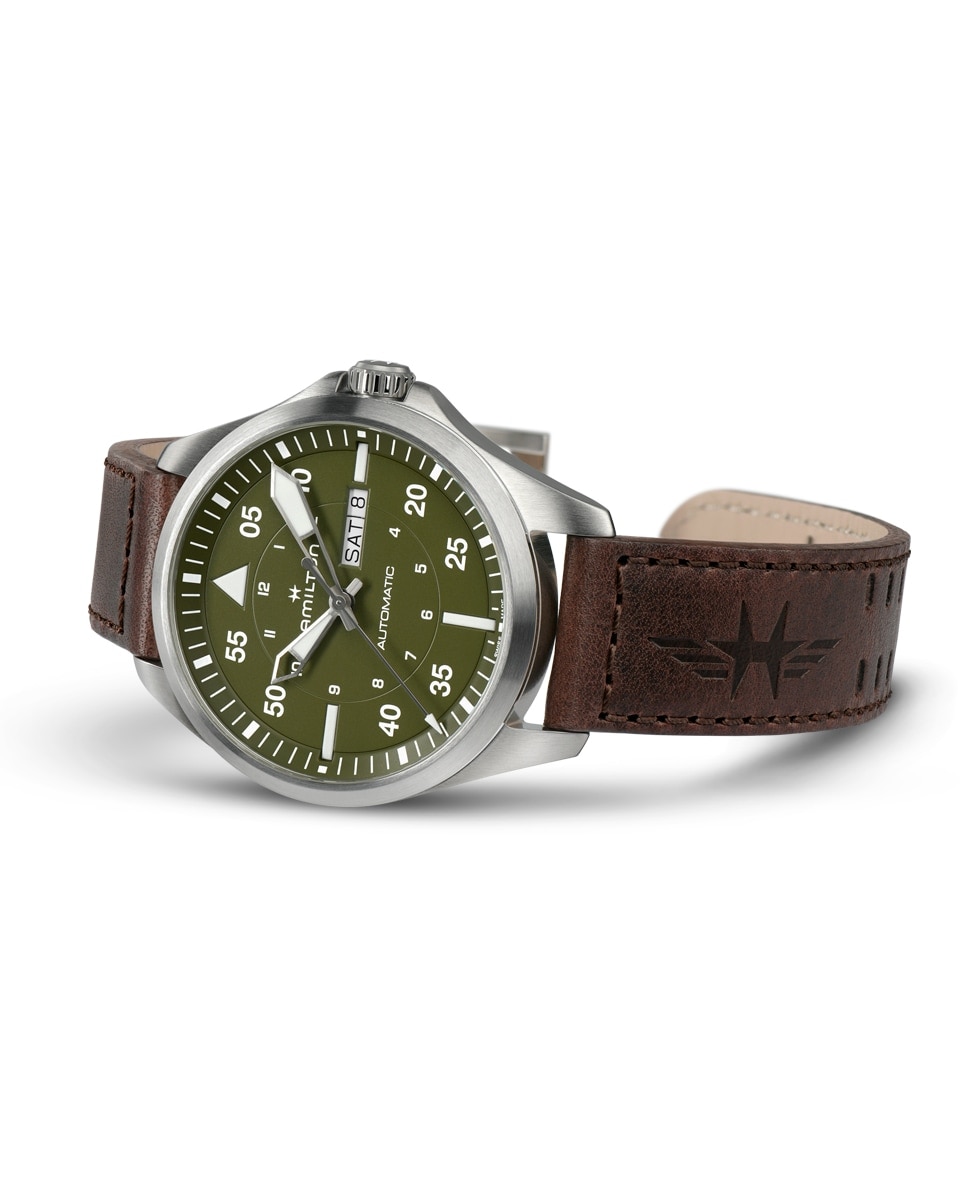 Reloj de hombre automático Khaki Aviation Pilot Day Date de 42 mm H64635560 con calendario y correa de piel - Hamilton - Marrón Marrón-2