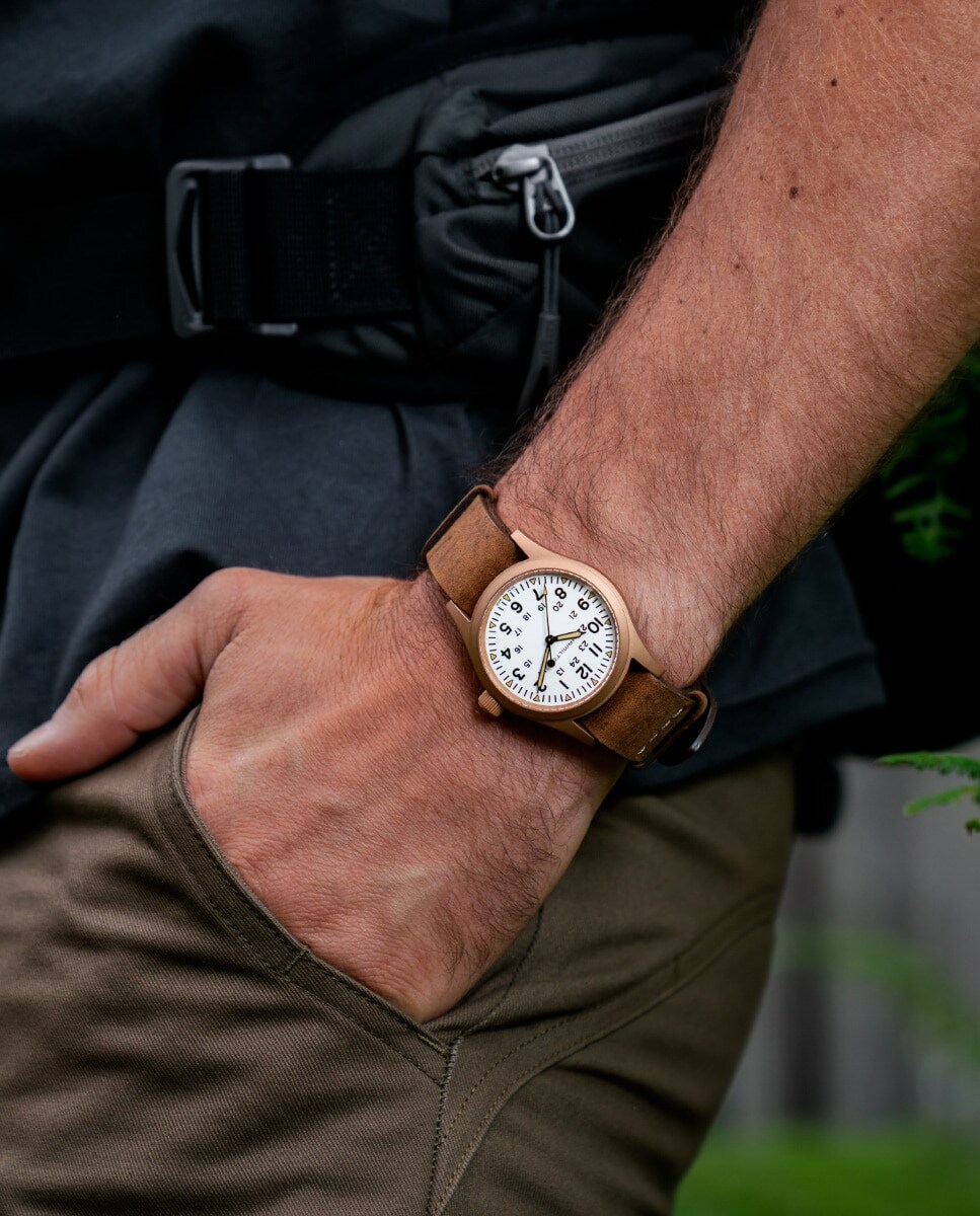 Reloj de hombre mecánico Khaki Field Bronze de 38 mm H69459510 con correa de piel Marrón-4