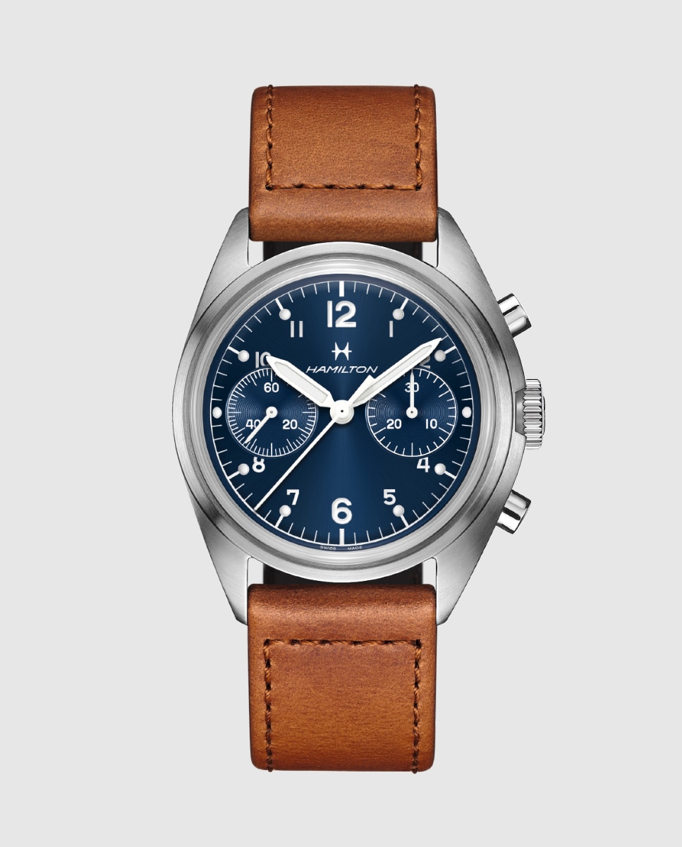 Imagen 0 de Reloj de hombre mecánico khaki aviation pilot pioneer h76409540 de 40 mm con cronógrafo y correa de piel Gris