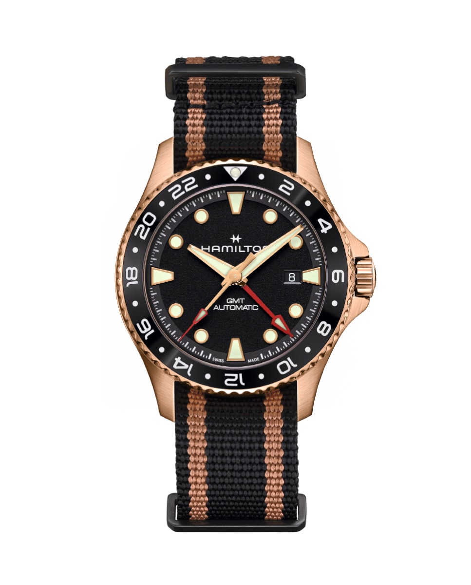 Imagen 0 de Reloj de hombre automático Khaki Navy Scuba GMT de 43 mm H82565930 con calendario y correa textil Negro