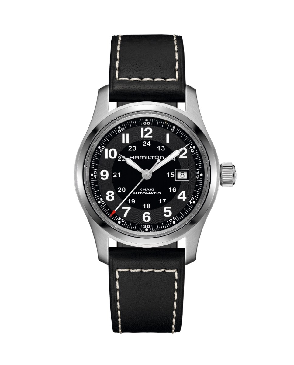Reloj de hombre automático Khaki Field de 42 mm H70605733 con calendario y correa de piel Negro-1