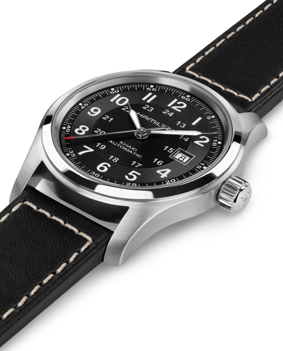 Reloj de hombre automático Khaki Field de 42 mm H70605733 con calendario y correa de piel Negro-3