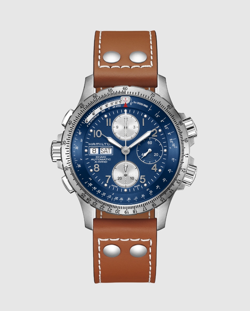 Imagen 0 de Reloj de hombre automático khaki aviation x-wind h77506540 de 44 mm de piel con cronógrafo y calendario Marrón