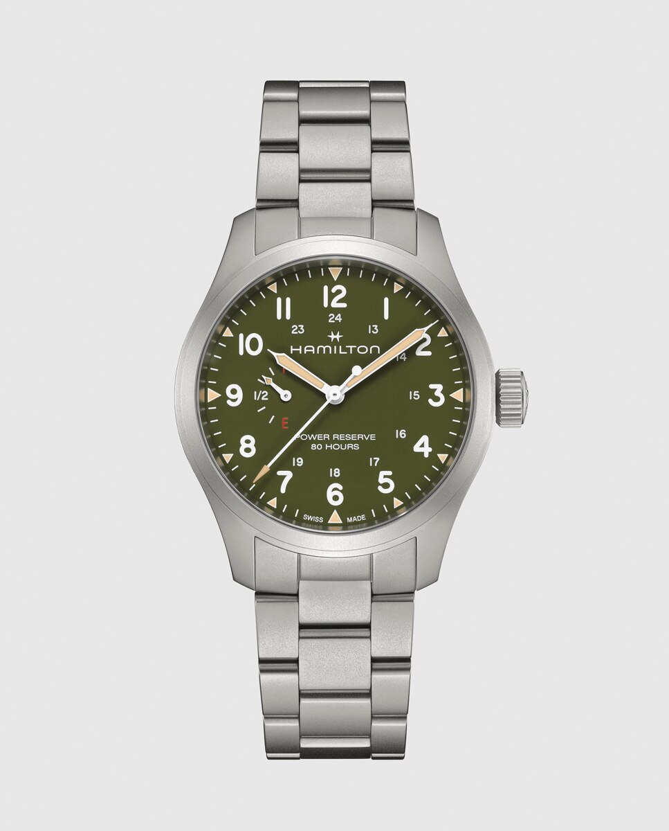 Imagen 0 de Reloj de hombre mecánico khaki field power reserve de 40 mm h69509160 de acero Plata