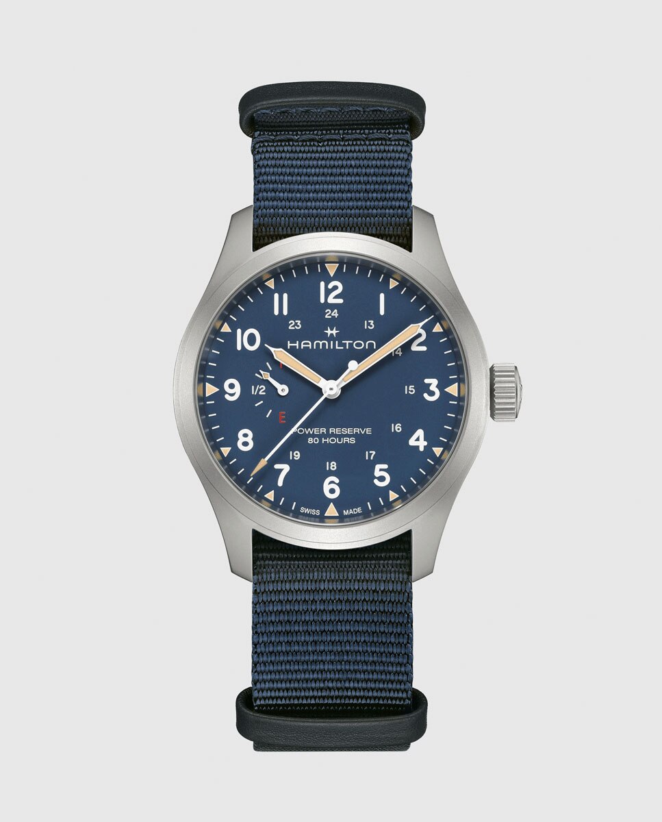 Imagen 0 de Reloj de hombre mecánico khaki field power reserve de 40 mm h69509940 con correa textil Azul marino