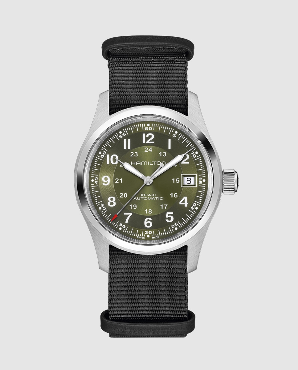Imagen 0 de Reloj automático de hombre khaki field de 38 mm h70455960 con calendario y correa textil Verde