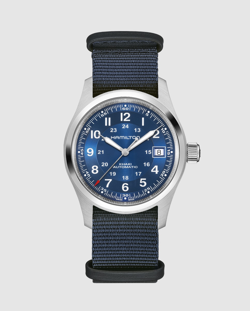 Imagen 0 de Reloj automático de hombre khaki field de 38 mm h70455940 con calendario y correa textil Azul marino