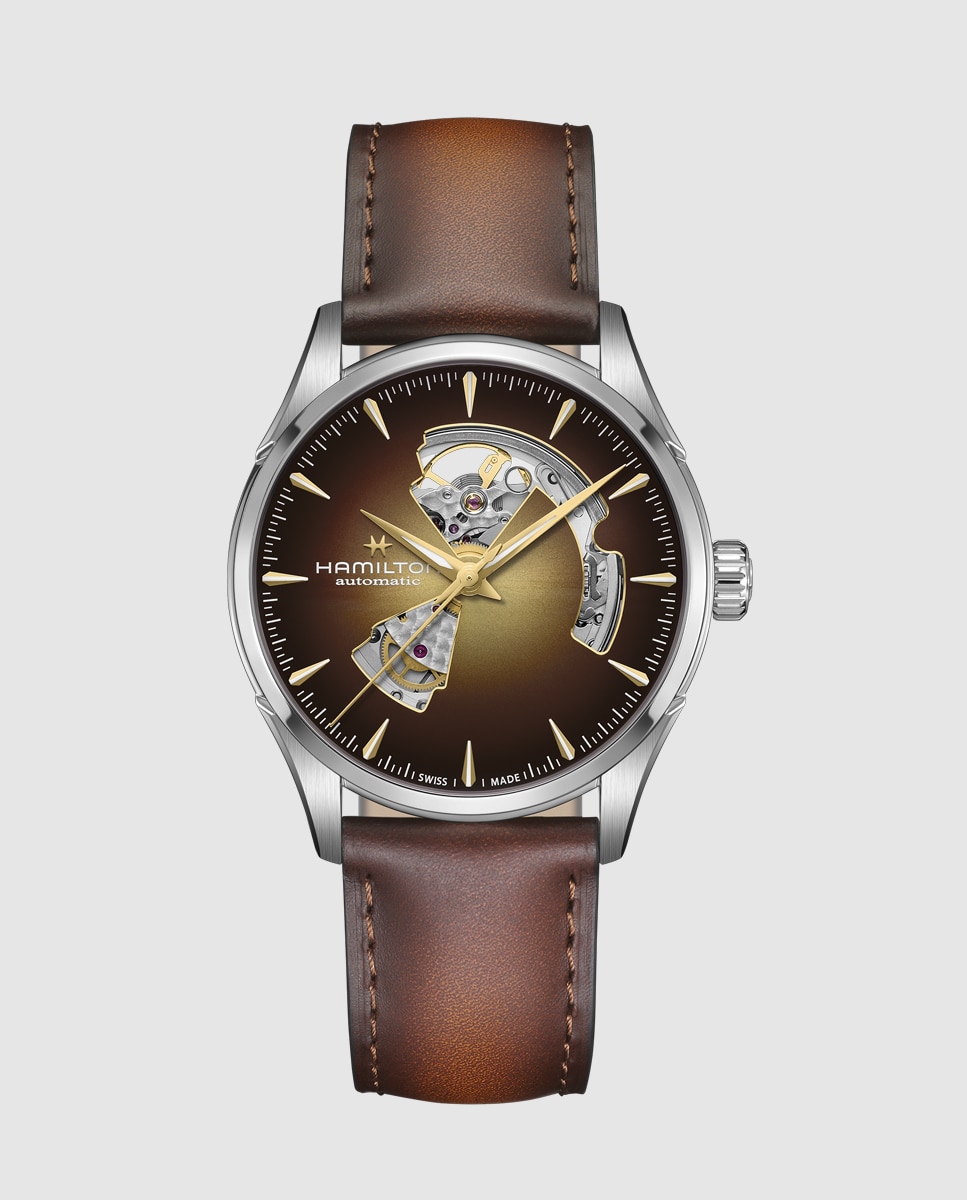Imagen 0 de Reloj automático de hombre jazzmaster open heart de 42 mm dorado h32705501 con correa de piel Marrón