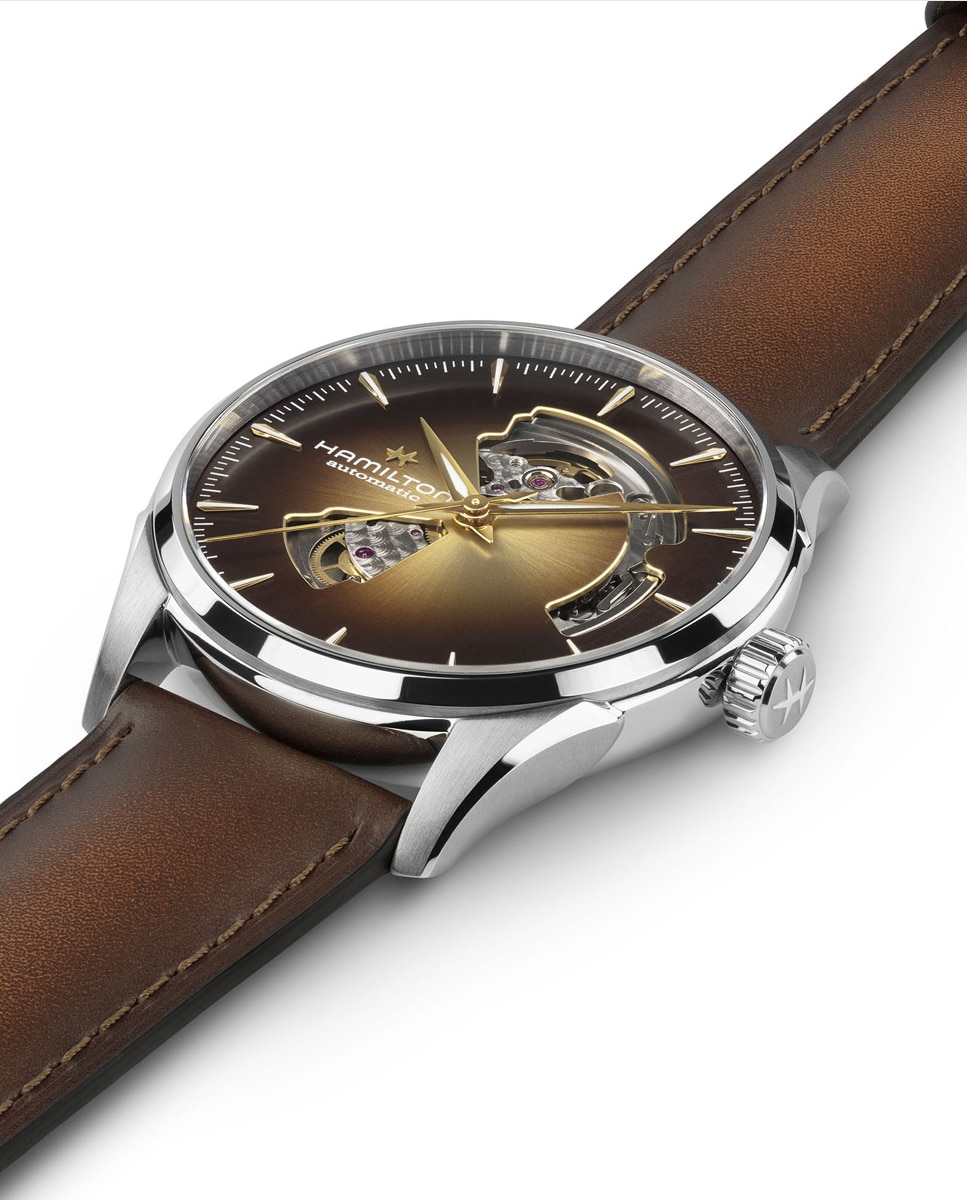 Reloj automático de hombre jazzmaster open heart de 42 mm dorado h32705501 con correa de piel - Hamilton - Marrón Marrón-3