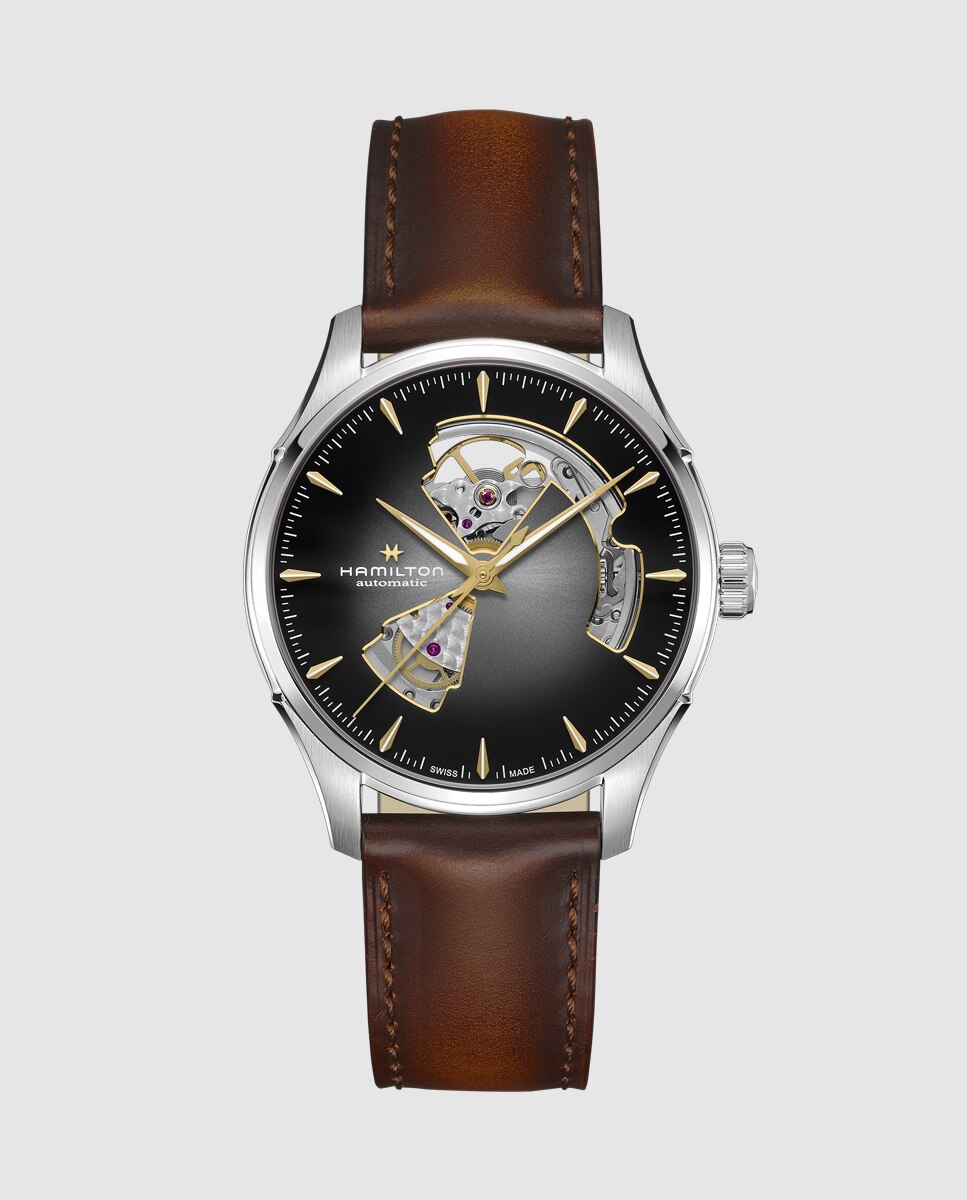 Imagen 0 de Reloj automático de hombre jazzmaster open heart de 40 mm plateado h32675581 con correa de piel Marrón