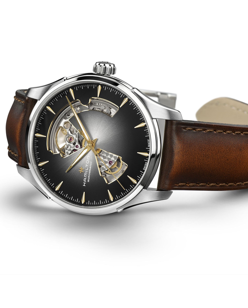Reloj automático de hombre jazzmaster open heart de 40 mm plateado h32675581 con correa de piel - Hamilton - Marrón Marrón-2