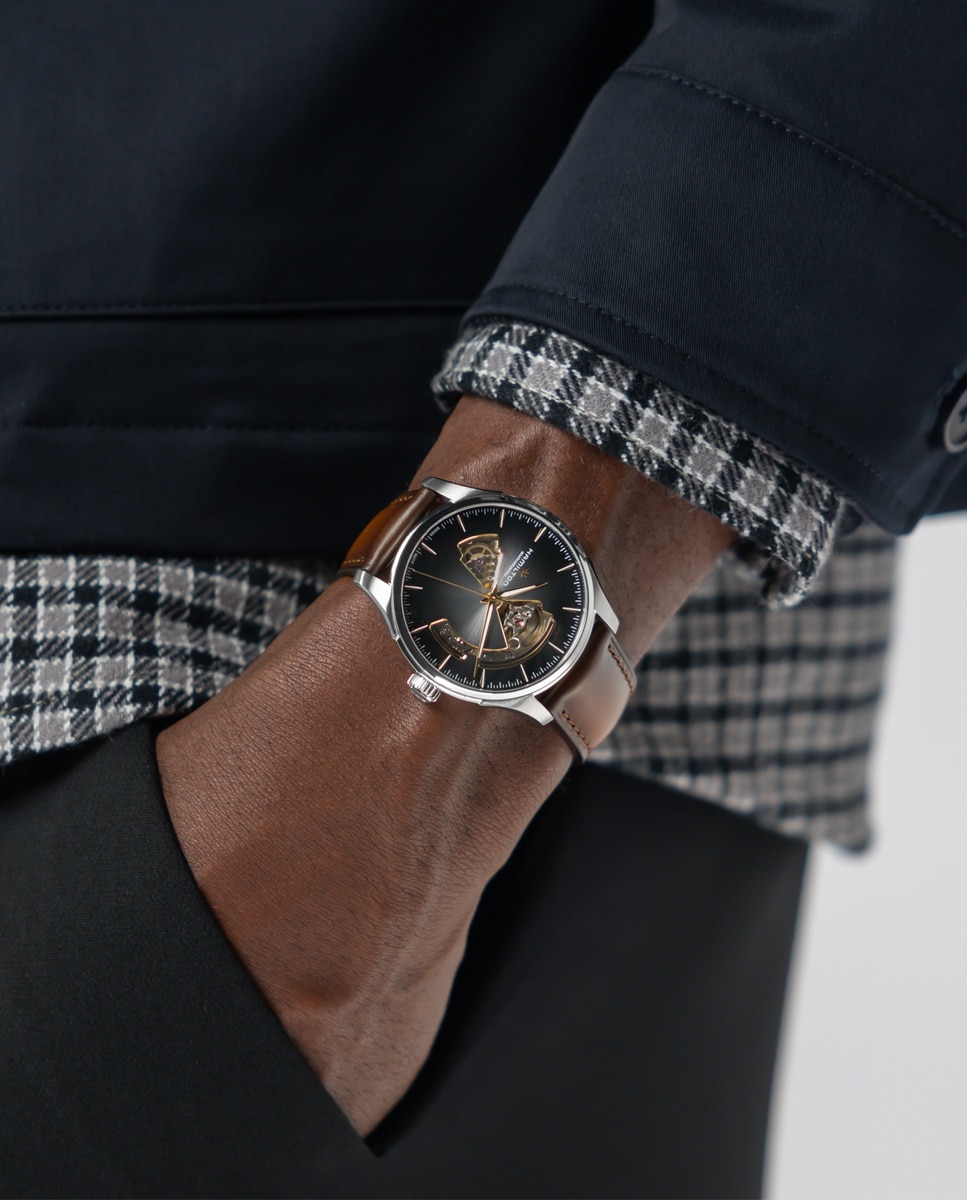 Reloj automático de hombre jazzmaster open heart de 40 mm plateado h32675581 con correa de piel - Hamilton - Marrón Marrón-5