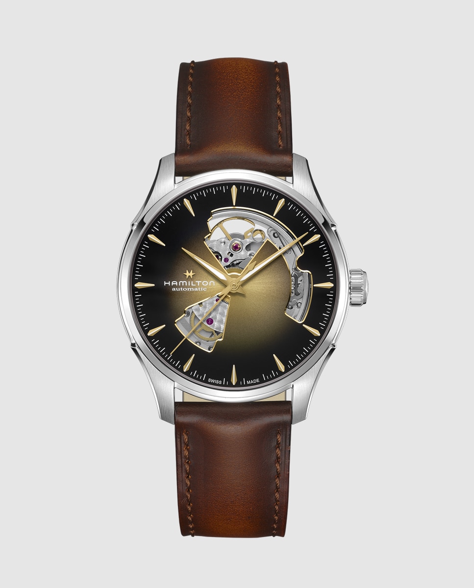 Imagen 0 de Reloj automático de hombre jazzmaster open heart de 40 mm dorado h32675501 con correa de piel Marrón