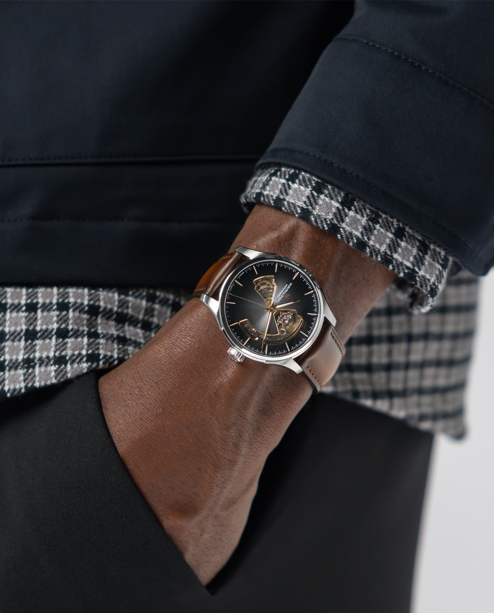 Reloj automático de hombre jazzmaster open heart de 40 mm dorado h32675501 con correa de piel - Hamilton - Marrón Marrón-4