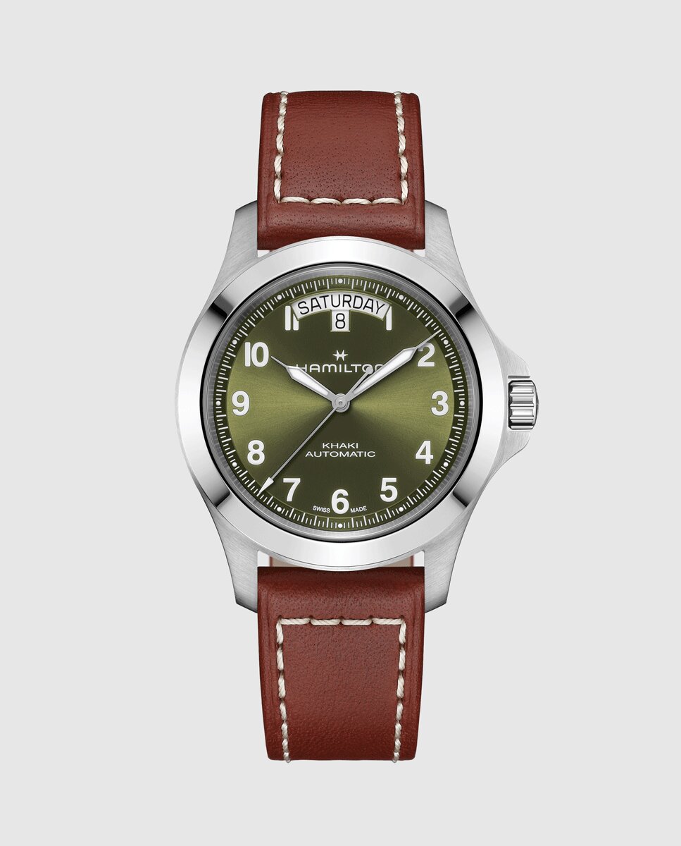 Imagen 0 de Reloj de hombre automático khaki field king de 40 mm h64475560 con calendario y correa de piel Marrón