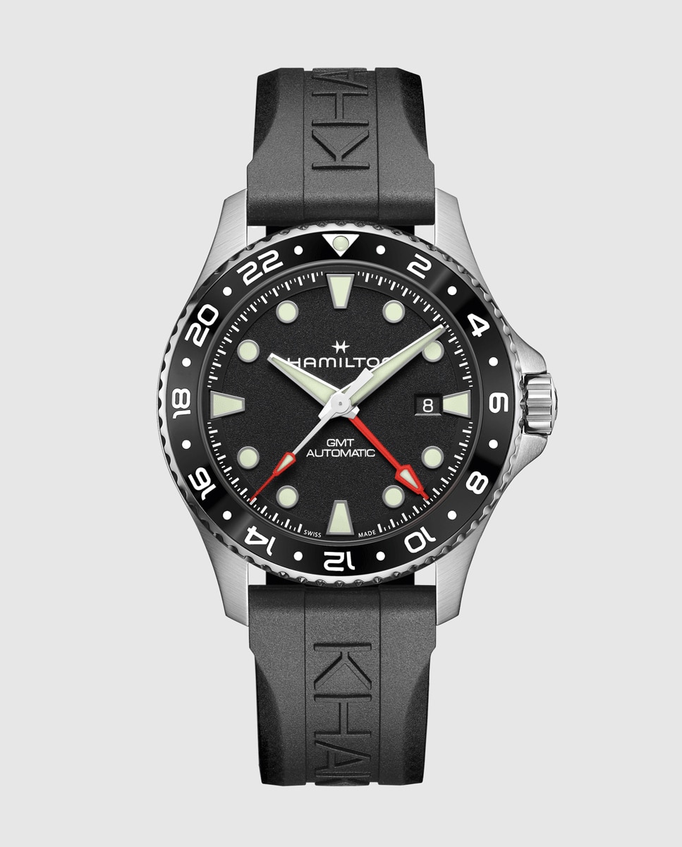 Imagen 0 de Reloj de hombre automático khaki navy scuba de 43 mm h82555330 con gmt, calendario y correa de caucho Negro