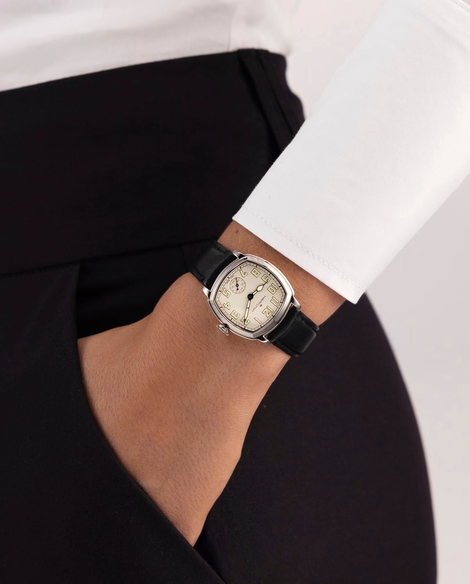 Imagen 6 de Reloj de mujer mecánico american classic cushion de 30 mm h36109720 con correa de piel - Hamilton - Negro Negro