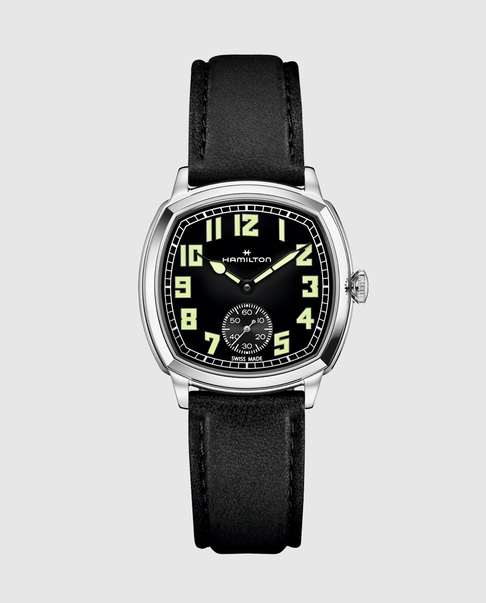 Imagen 1 de Reoj de hombre mecánico american classic cushion de 34 mm h36129730 con correa de piel Negro