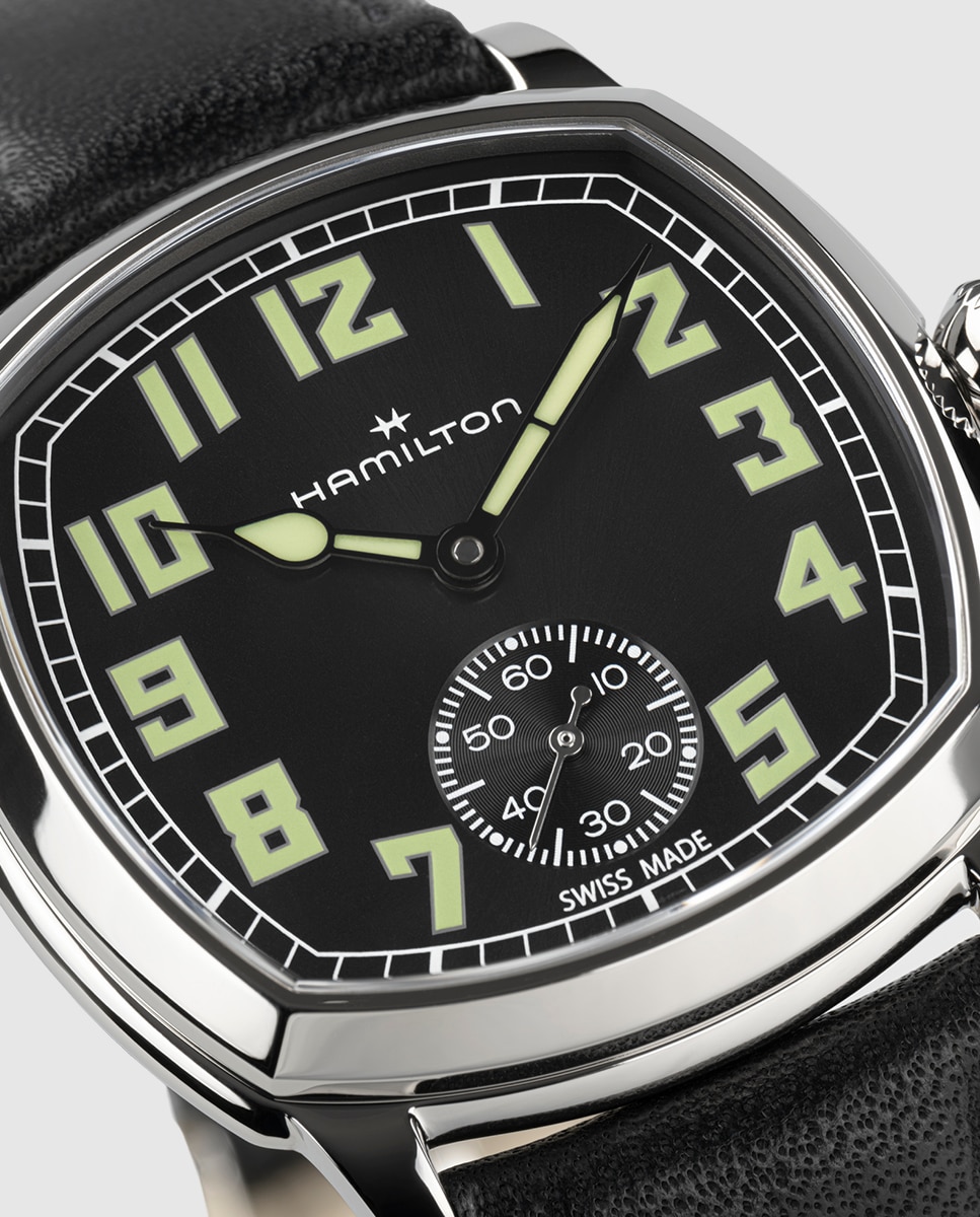 Imagen 5 de Reoj de hombre mecánico american classic cushion de 34 mm h36129730 con correa de piel - Hamilton - Negro Negro