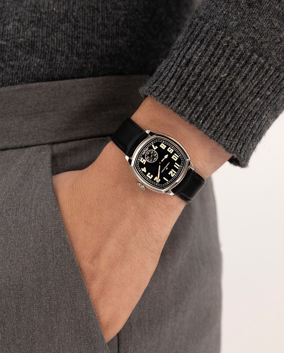 Imagen 6 de Reoj de hombre mecánico american classic cushion de 34 mm h36129730 con correa de piel - Hamilton - Negro Negro